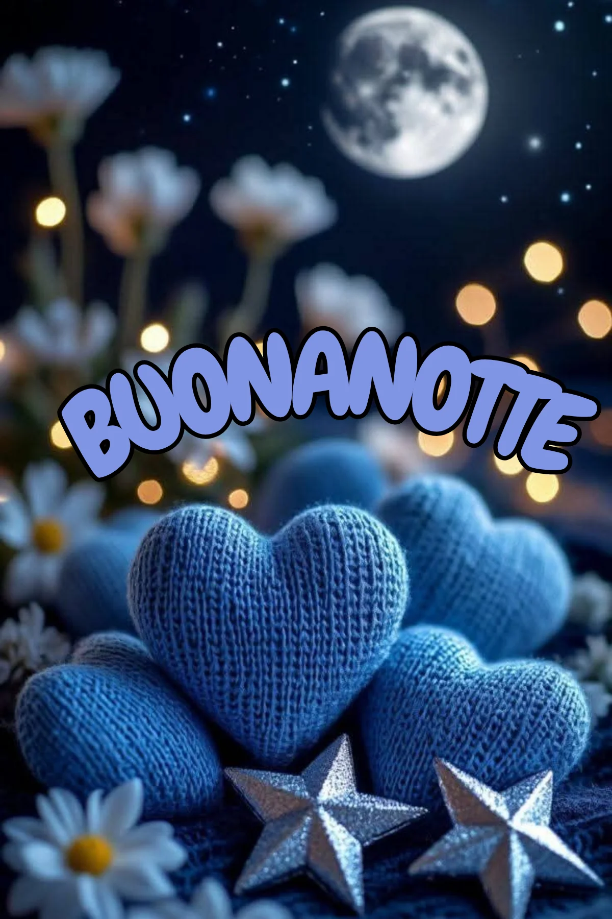 Cuori azzurri lavorati a maglia con stelle e luna piena buonanotte originale