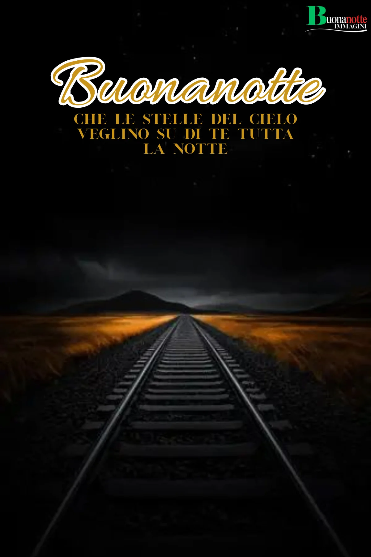 Binari ferroviari verso montagna sotto cielo stellato notturno frasi buonanotte