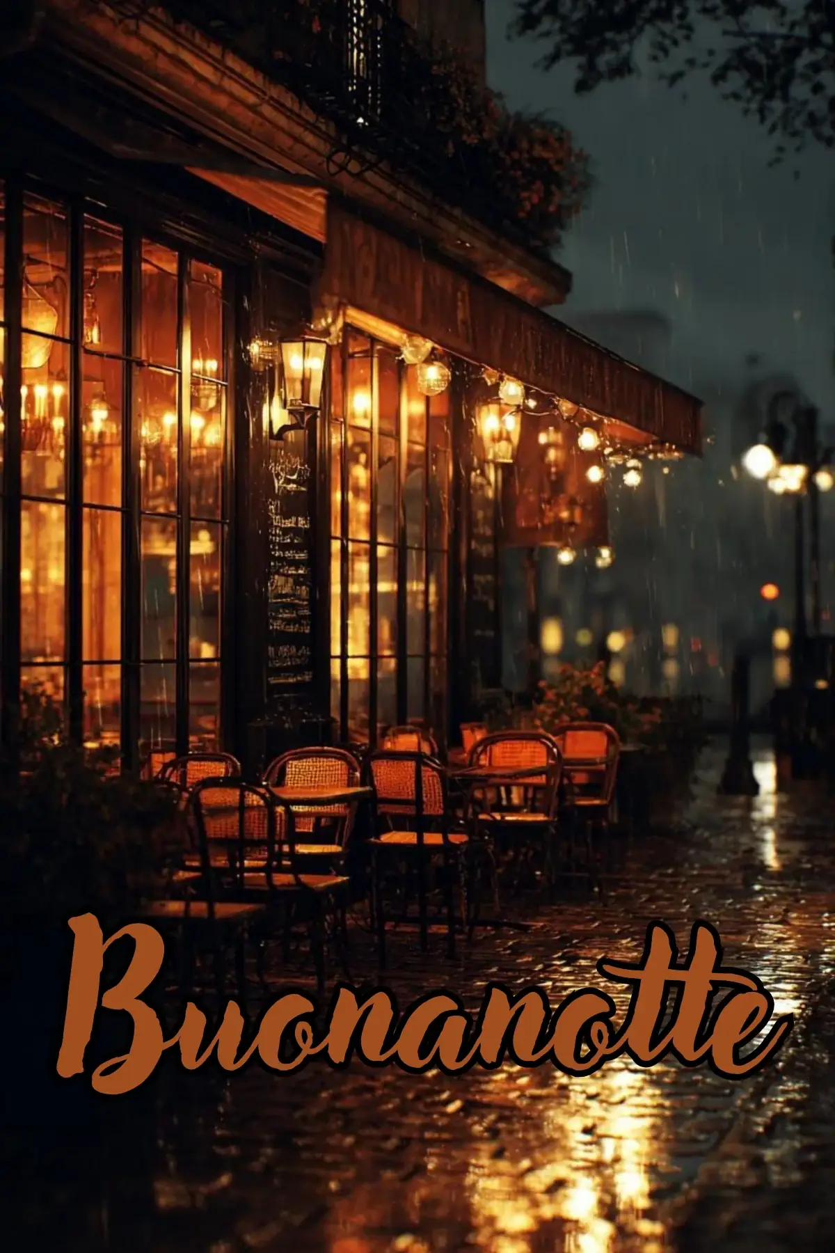 Caffè illuminato sotto la pioggia notturna con riflessi dorati immagine buonanotte romantica