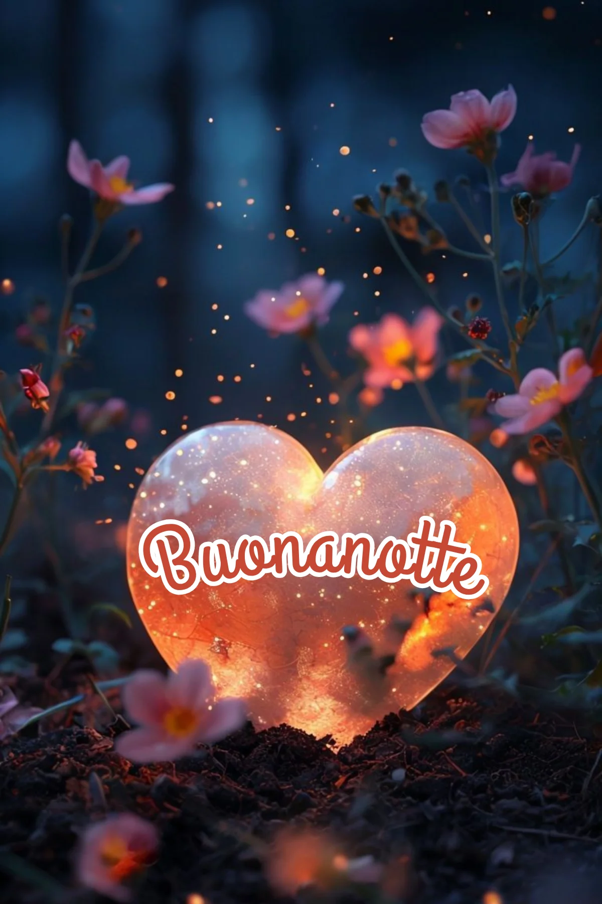 Cuore luminoso scintillante tra fiori rosa nella notte immagini buonanotte nuove