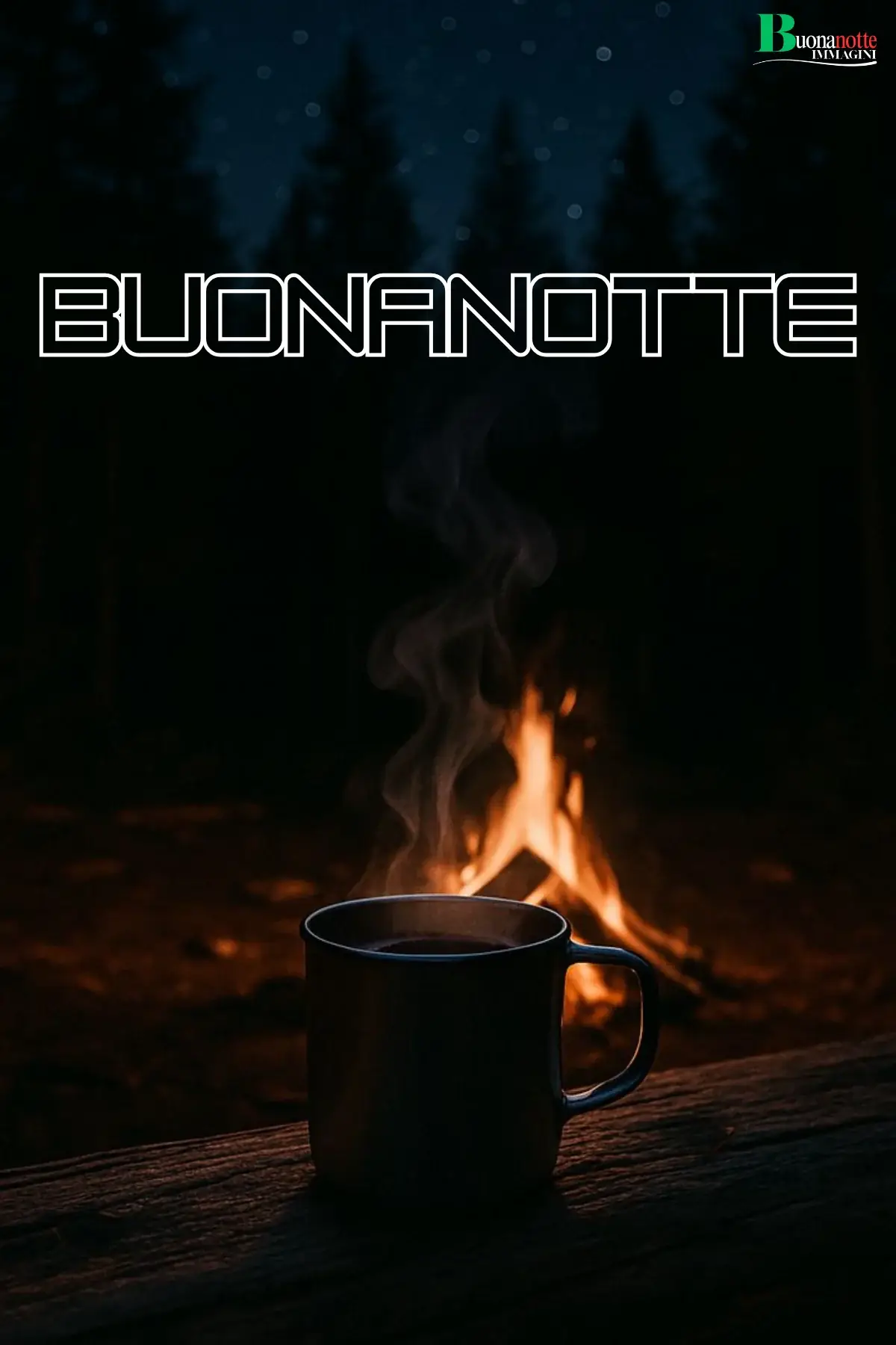 Fuoco acceso e tazza fumante buonanotte invernale