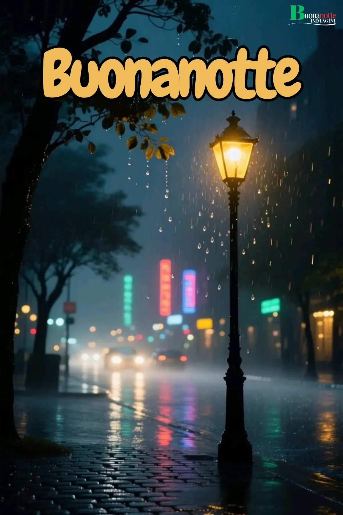 Pioggia sotto lampione buonanotte e sogni d'oro sereni
