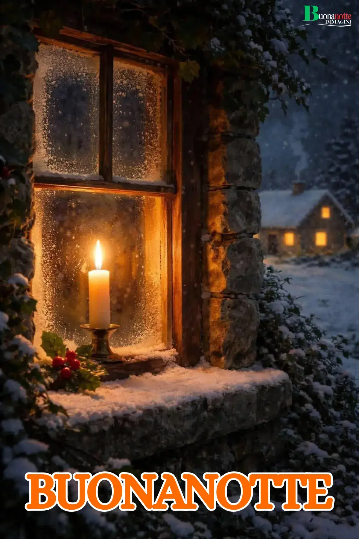 Candela accesa alla finestra innevata con casetta sullo sfondo buonanotte invernale
