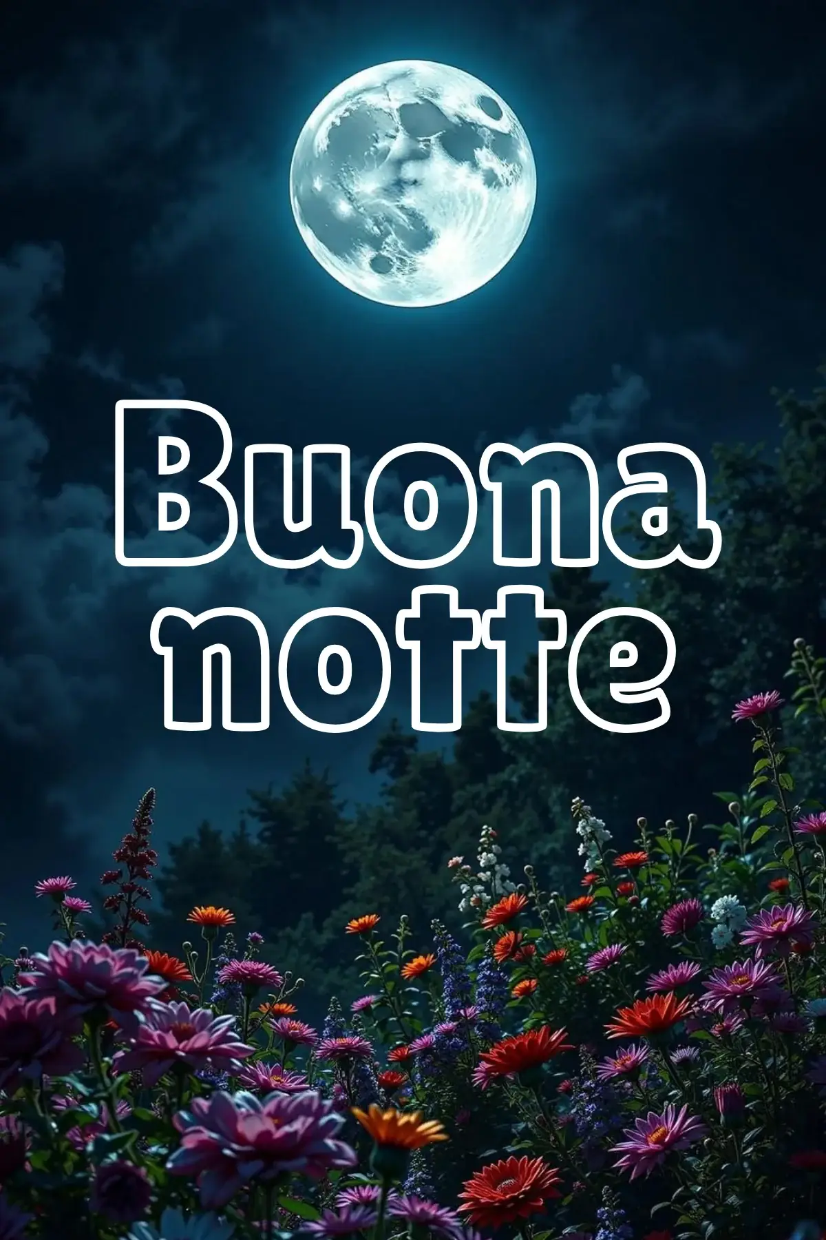 Luna piena su giardino fiorito colorato notturno immagine buonanotte