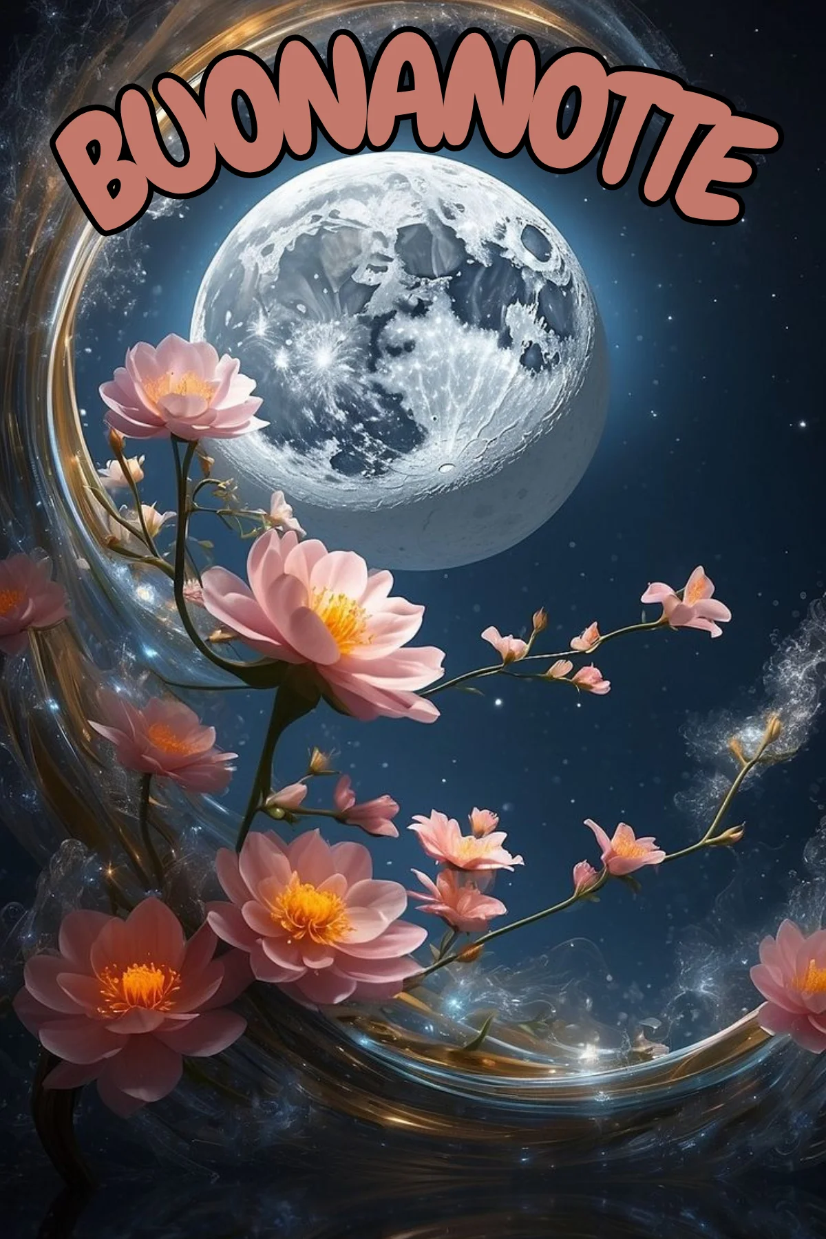 Luna piena con fiori di loto rosa e spirale dorata buonanotte originale