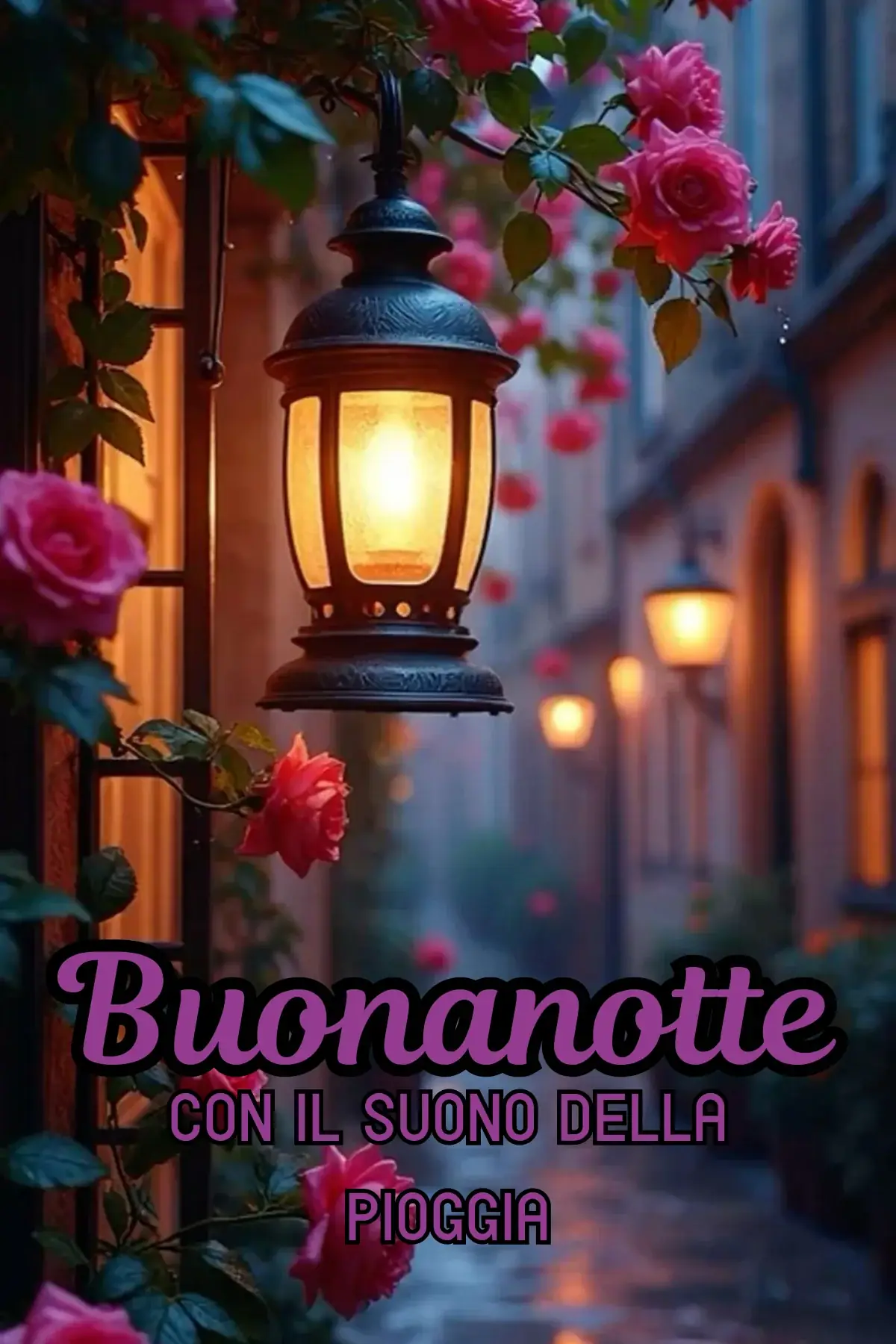 Lanterna accesa tra rose rosa sotto la pioggia serale immagine buonanotte romantica