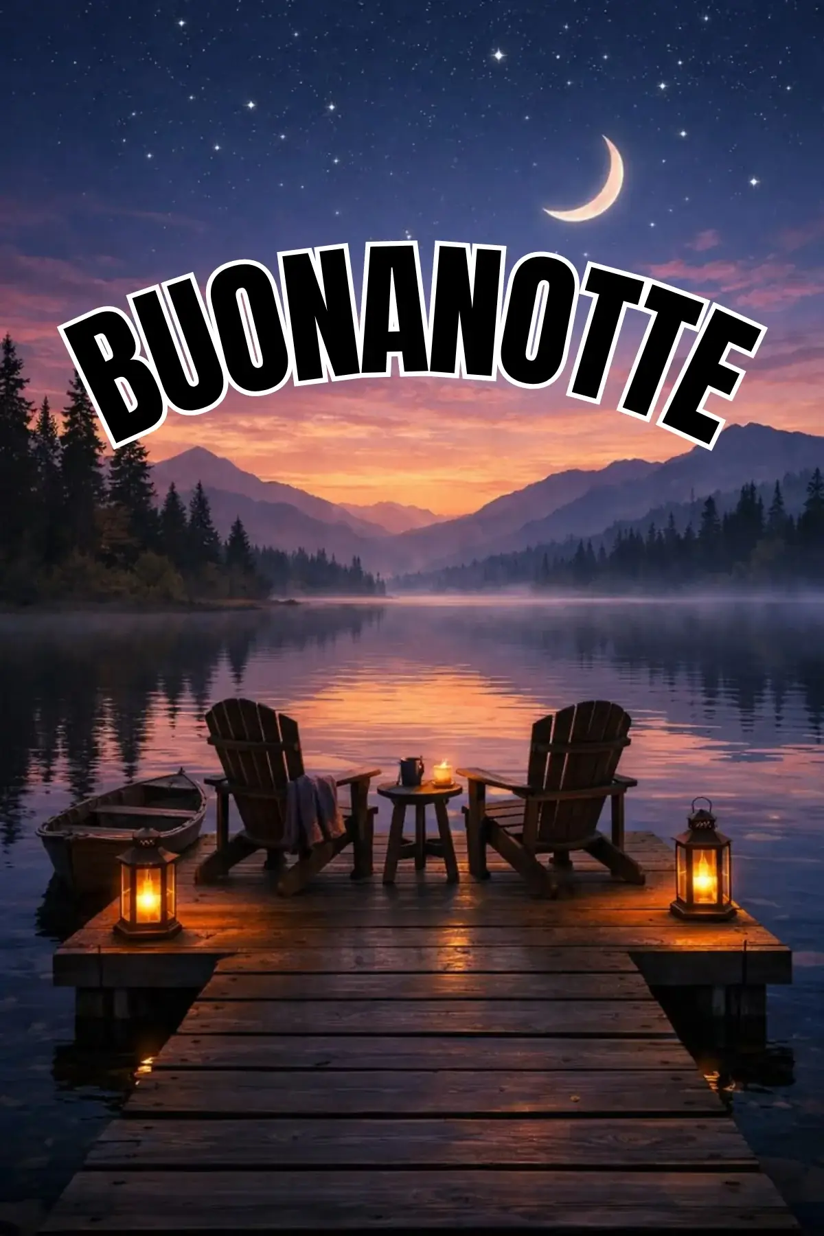 Pontile con due sedie e lanterne su lago al tramonto immagine buonanotte romantica