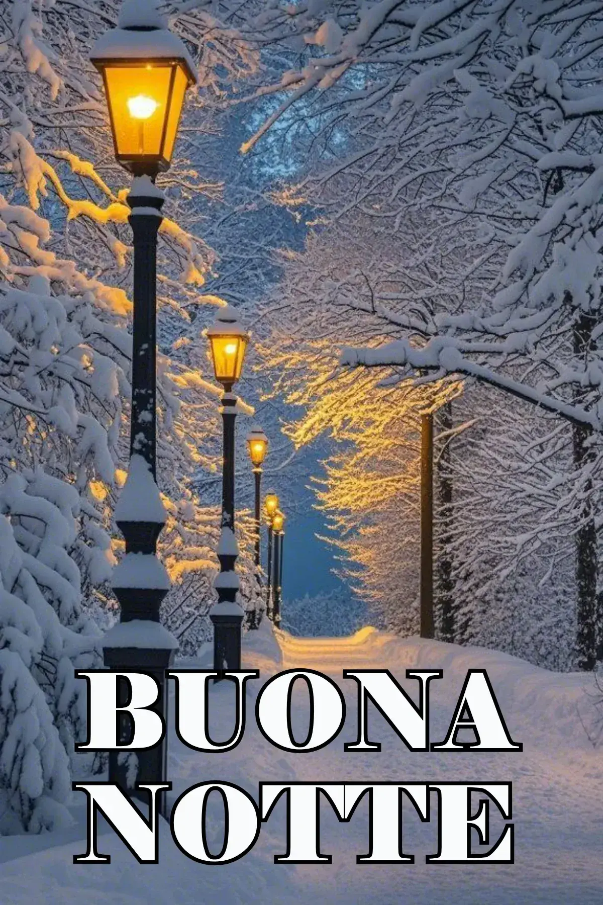 Lampioni dorati su viale innevato tra alberi carichi di neve buonanotte invernale