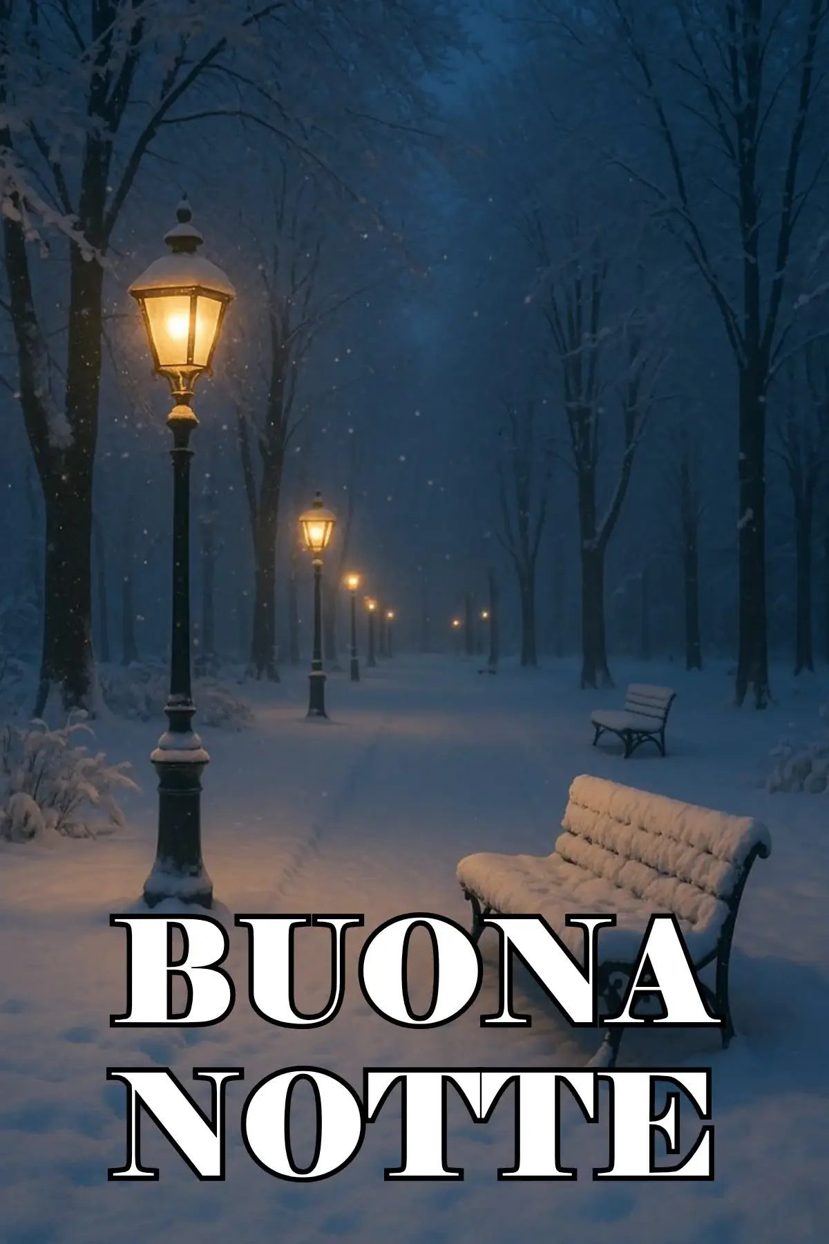 Viale innevato con lampioni accesi e panchina coperta di neve buonanotte invernale