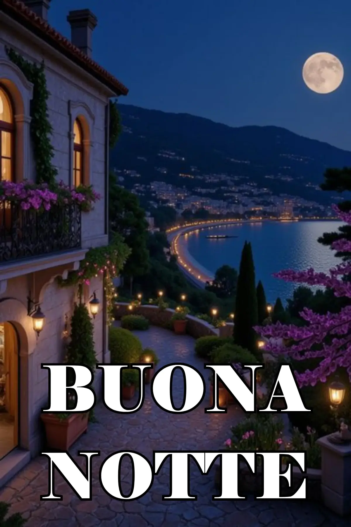 Villa mediterranea con fiori viola sulla costa al chiaro di luna immagine buonanotte romantica