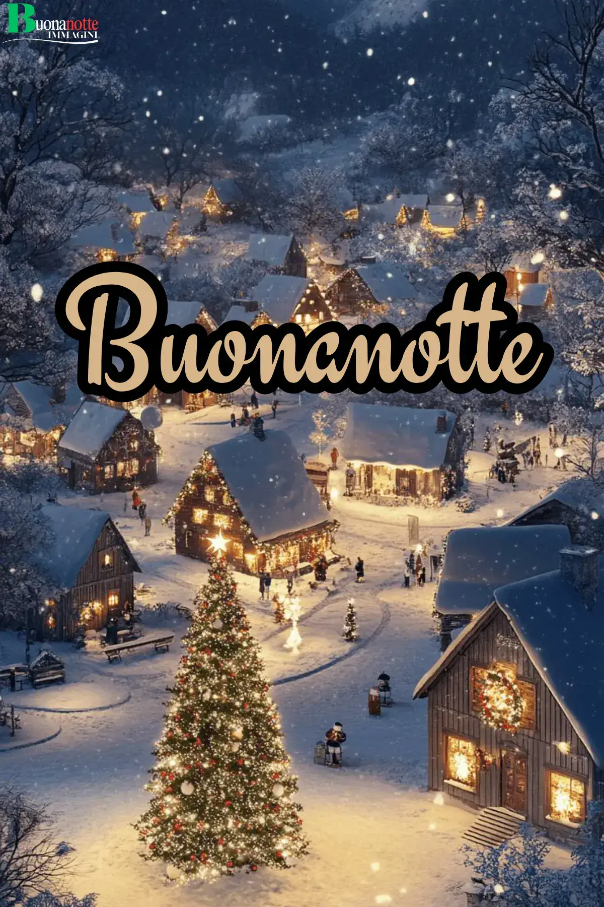 Villaggio innevato con albero di Natale e casette illuminate buonanotte natalizia