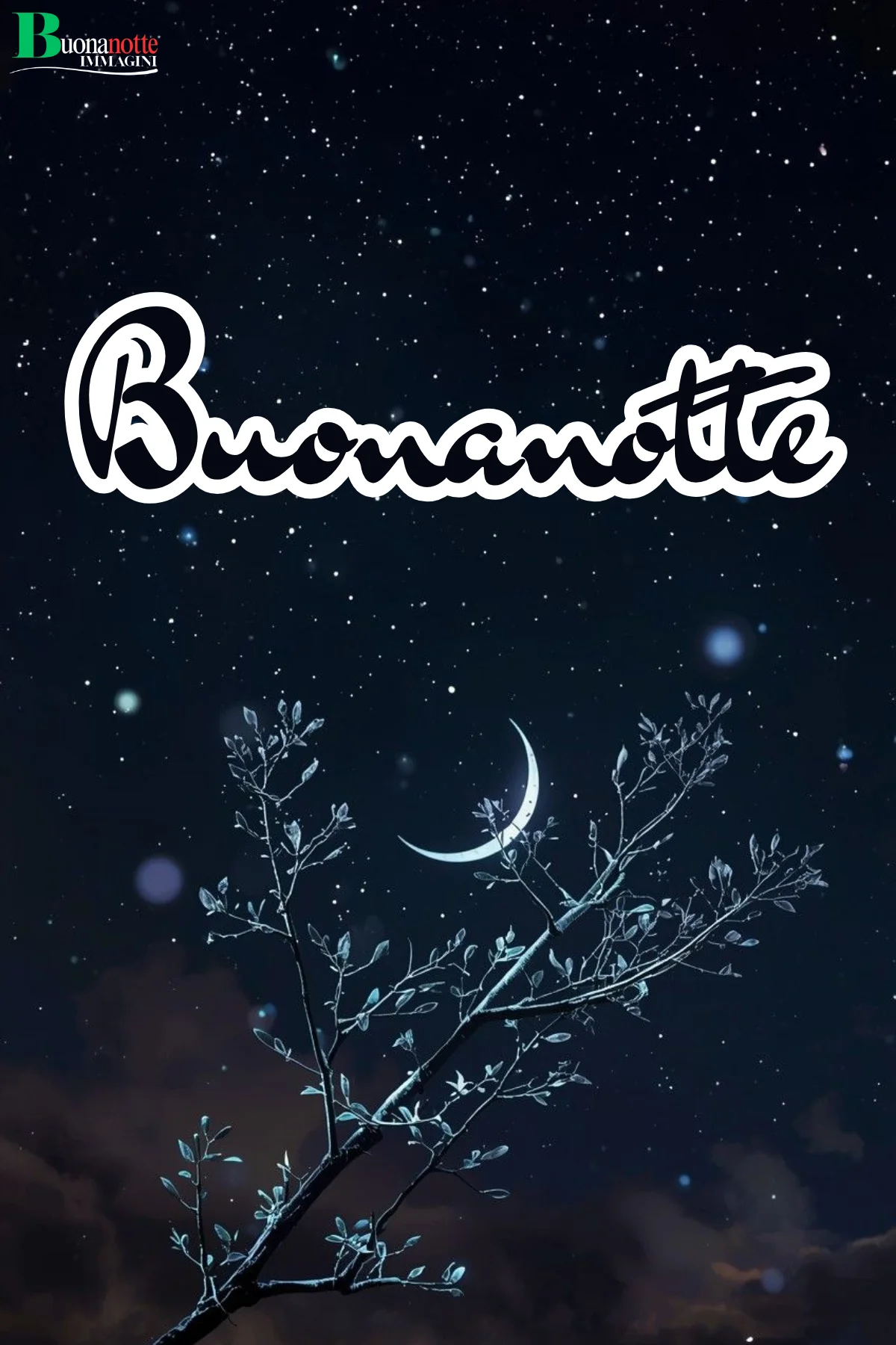 Luna e stelle tra rami spogli nella notte serena