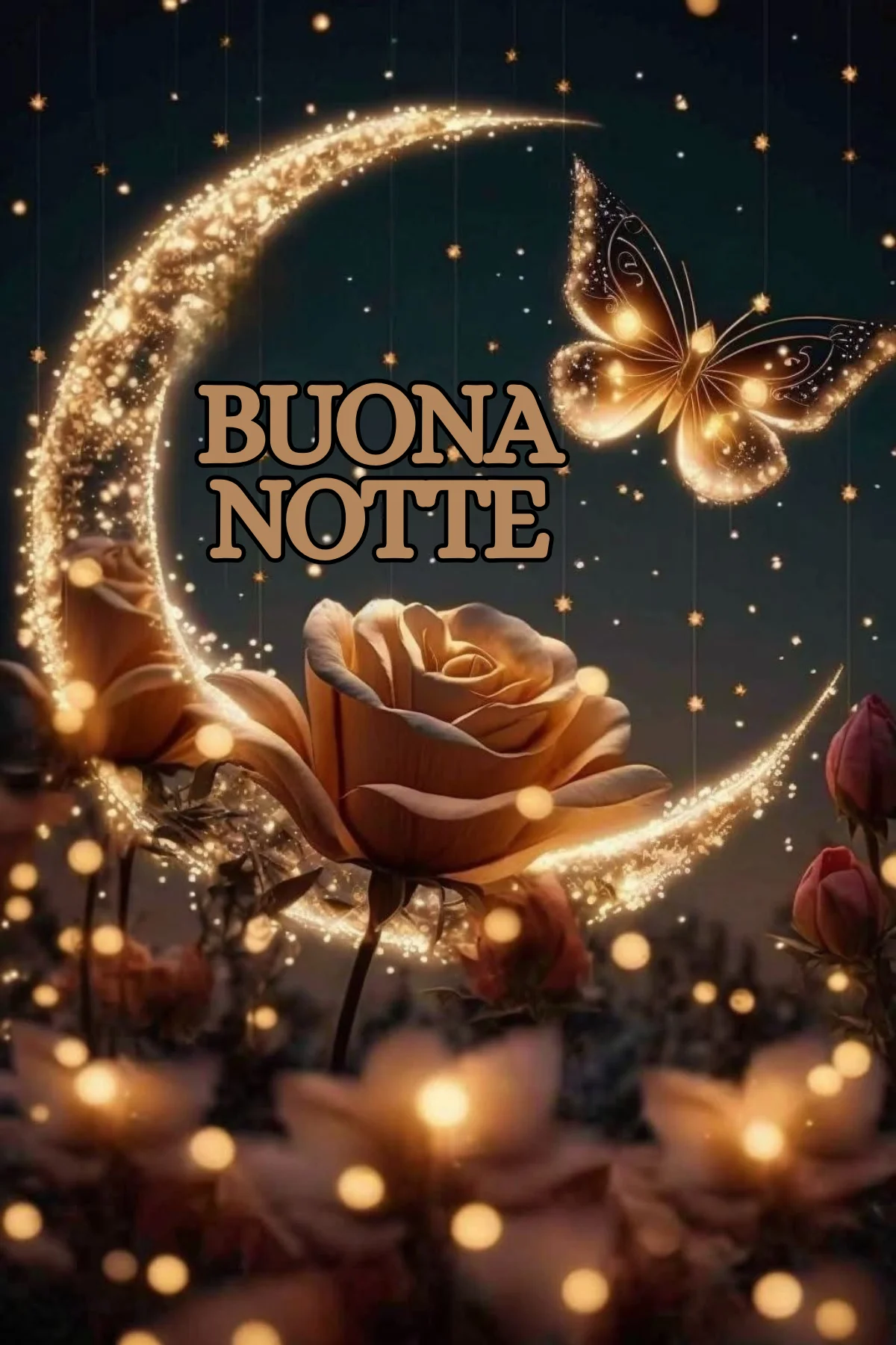 Luna dorata scintillante rosa farfalla luminosa cielo stellato buonanotte originale