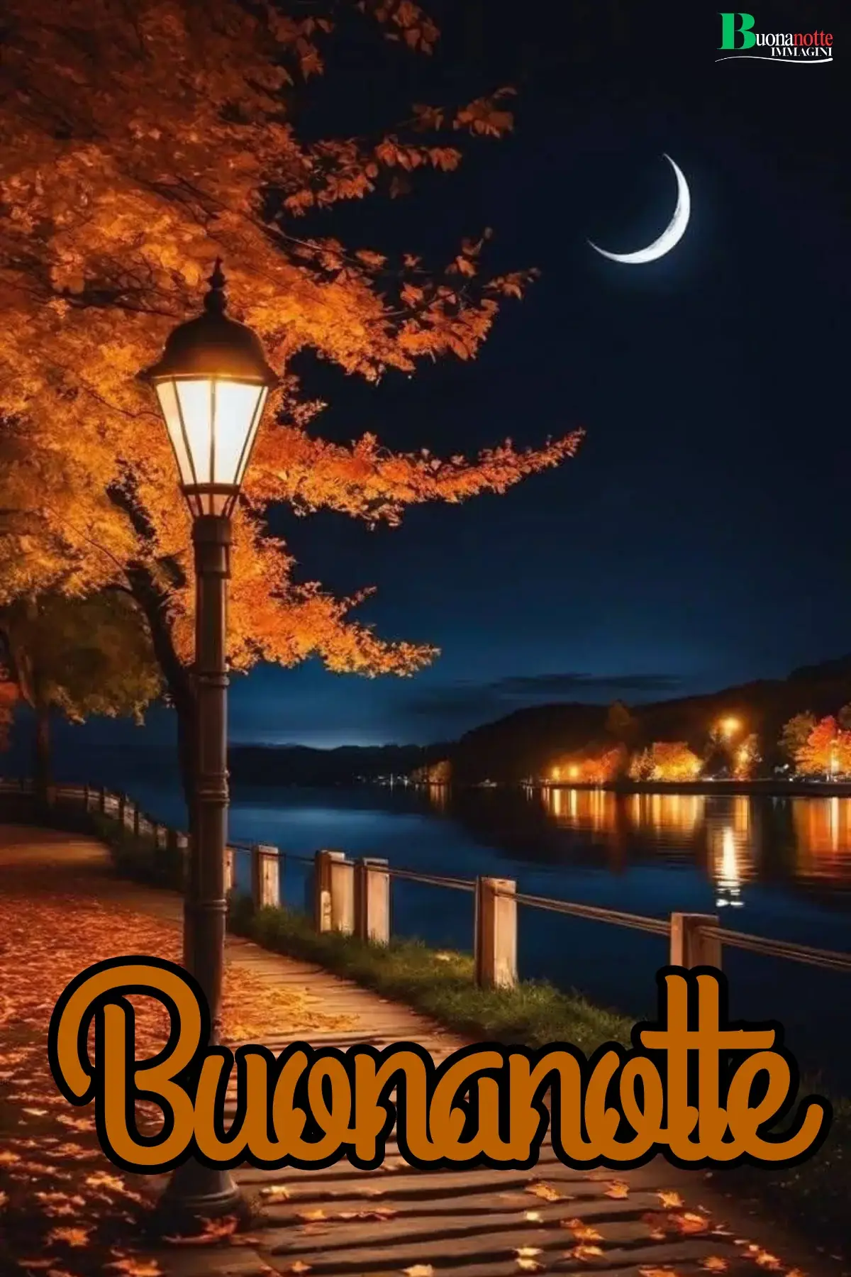 Lampione acceso su lungolago autunnale con luna crescente buonanotte autunnale