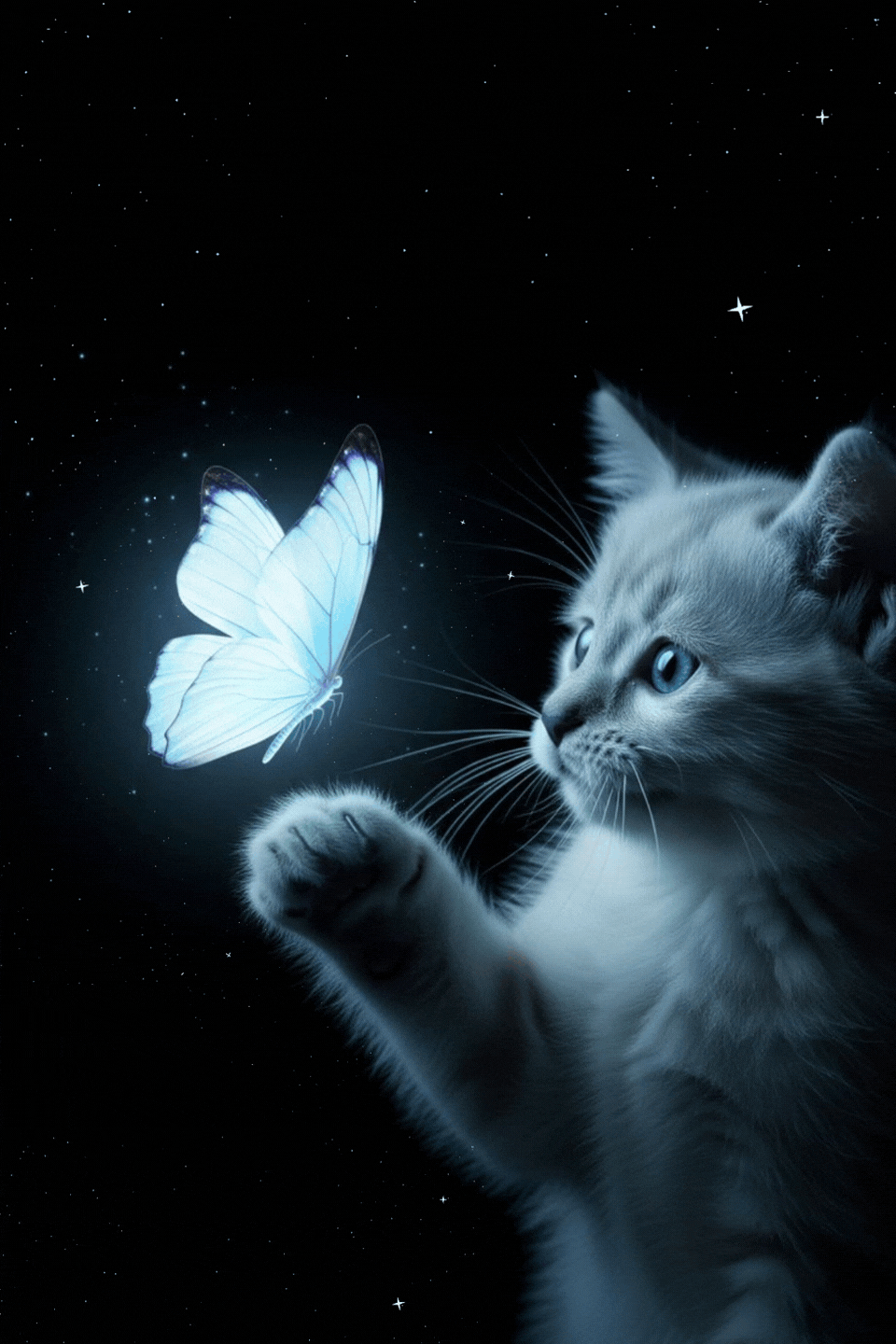 Gattino che sfiora farfalla luminosa nel cielo stellato buonanotte gif