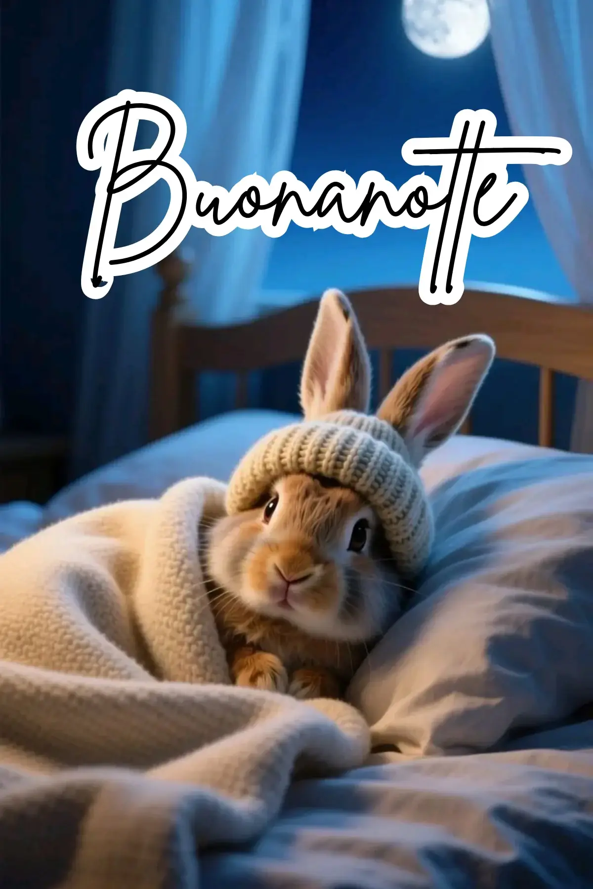 Coniglietto con berretto di lana sotto coperta al chiaro di luna buonanotte immagini nuove