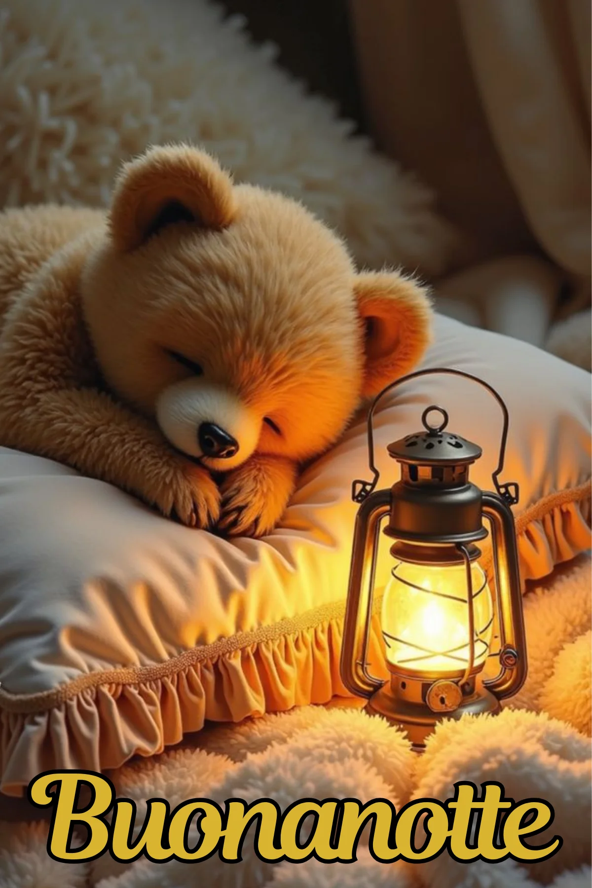 Orsetto peluche che dorme accanto a lanterna accesa buonanotte WhatsApp