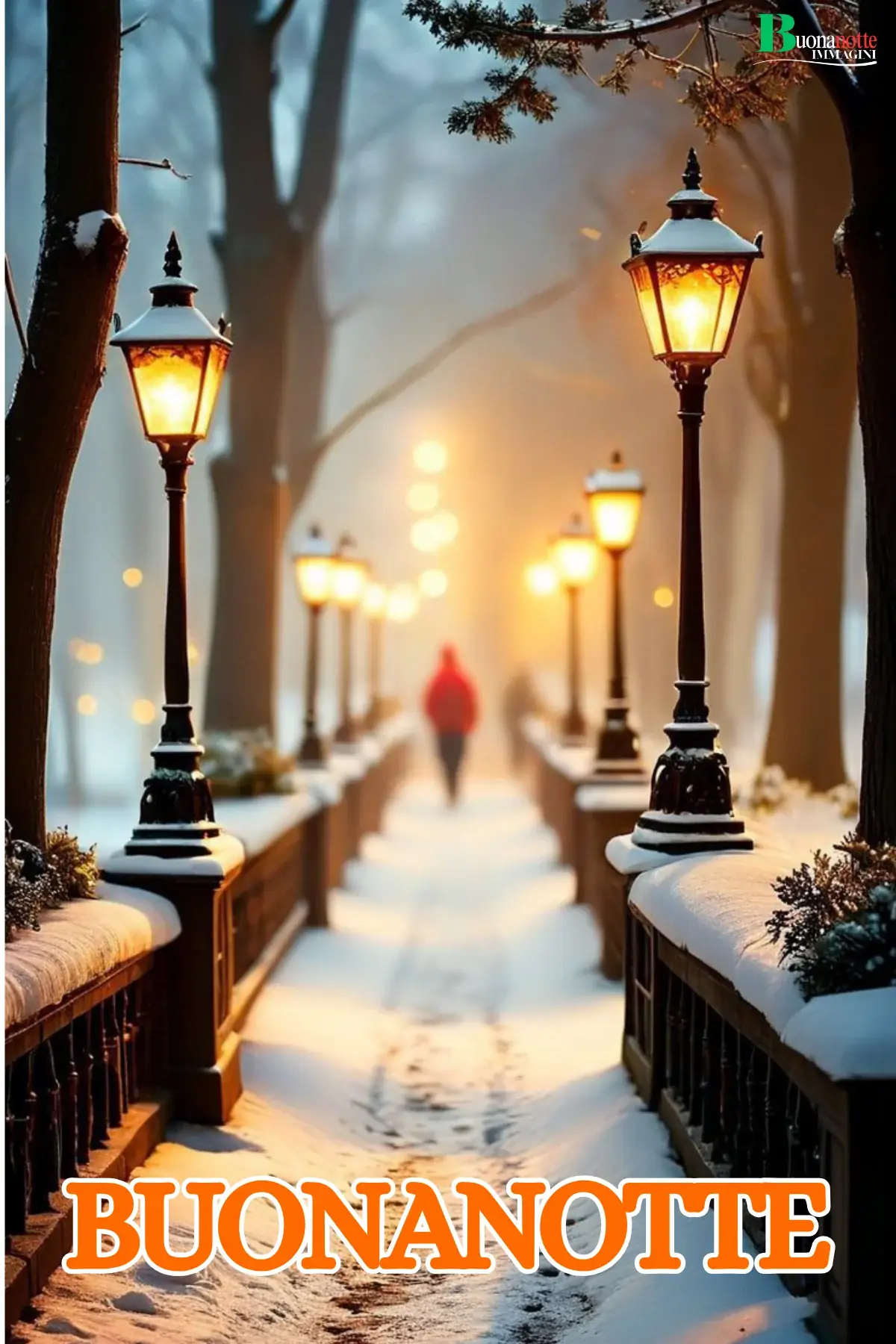 Sera innevata con luci calde buonanotte invernale