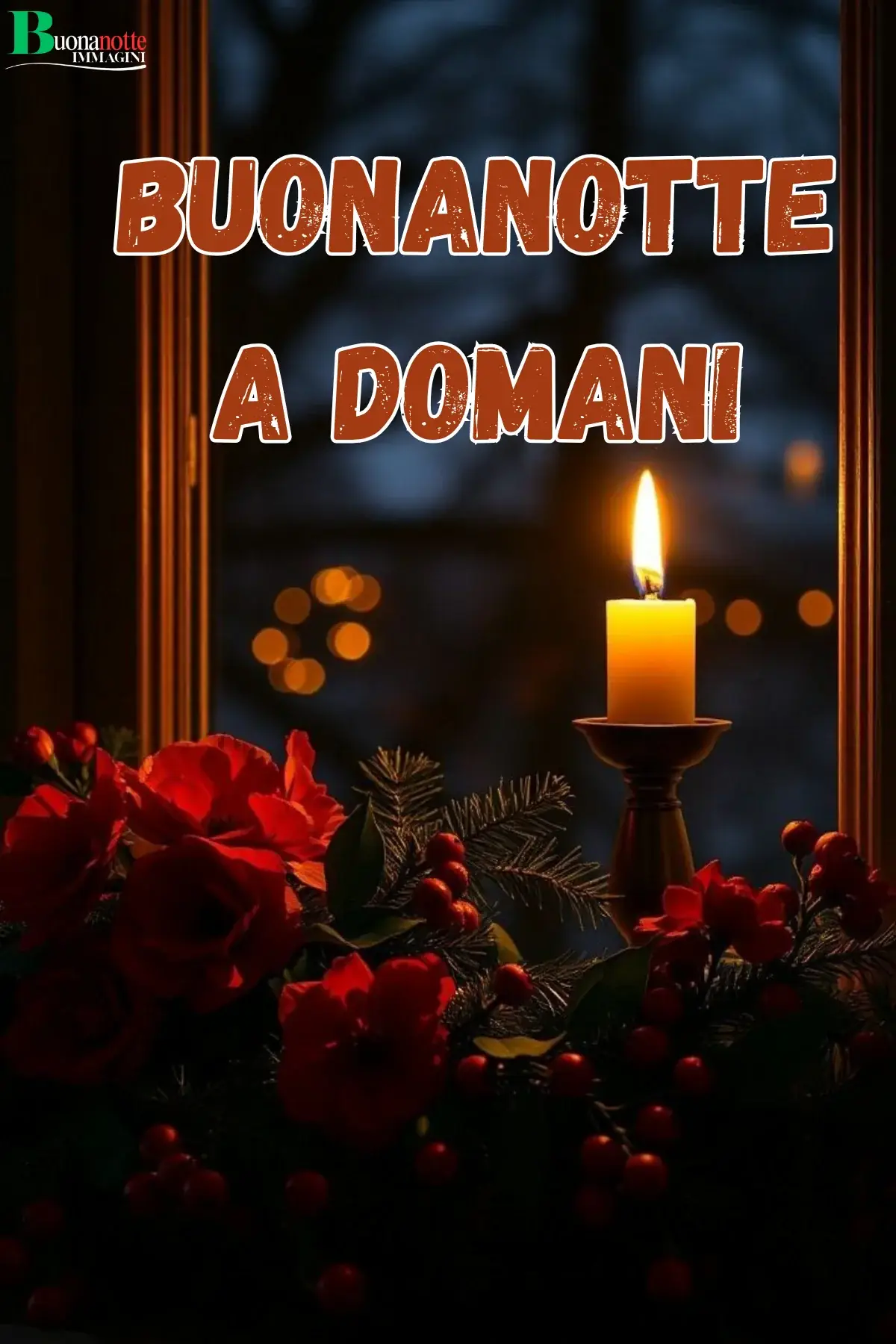 Candela accesa sul davanzale con rose rosse di notte buonanotte a domani