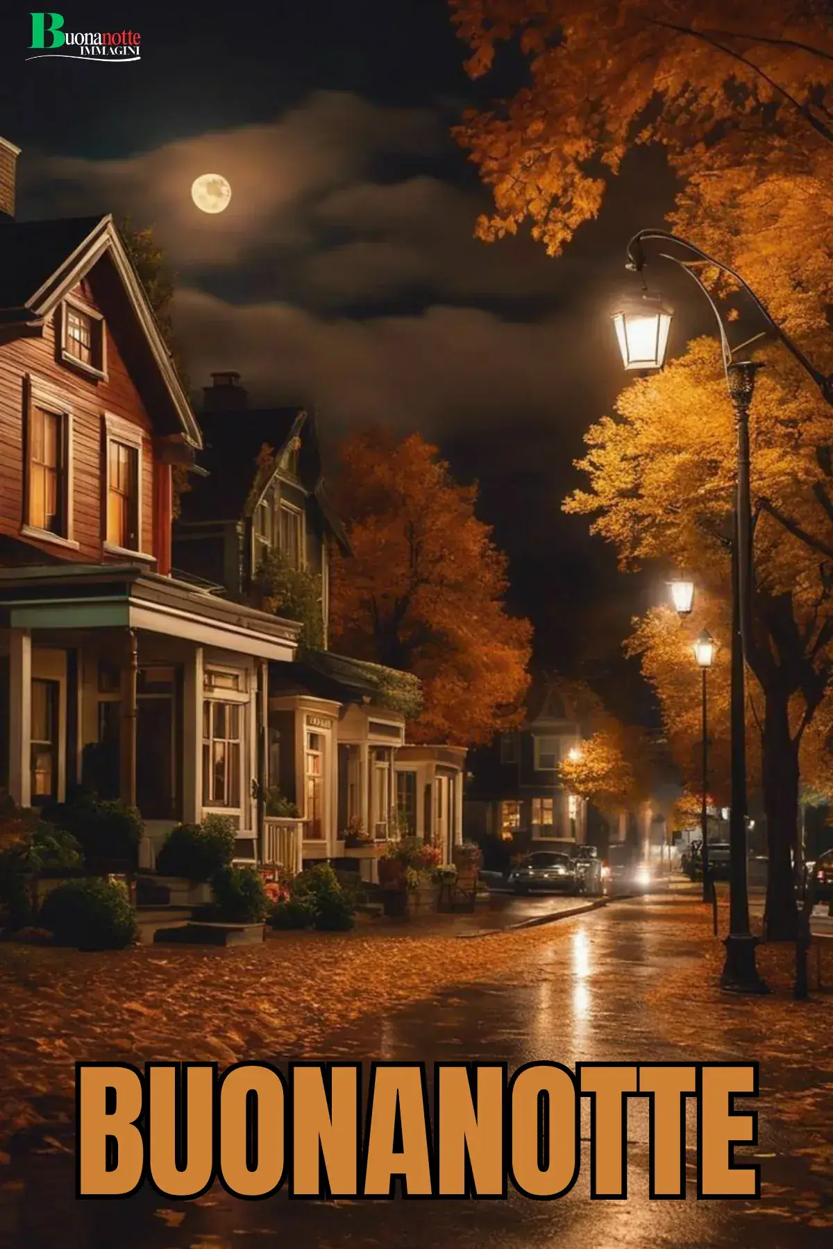 Strada autunnale notturna con foglie dorate lampioni e luna piena buonanotte autunnale