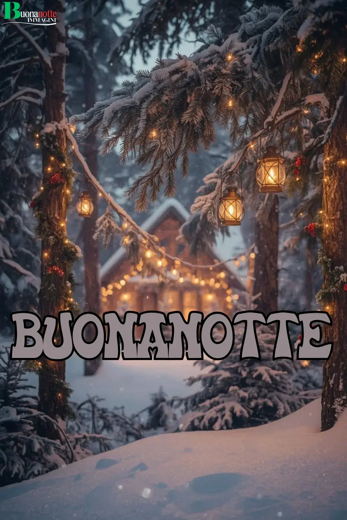 Lanterne tra rami innevati e baita illuminata buonanotte natalizia
