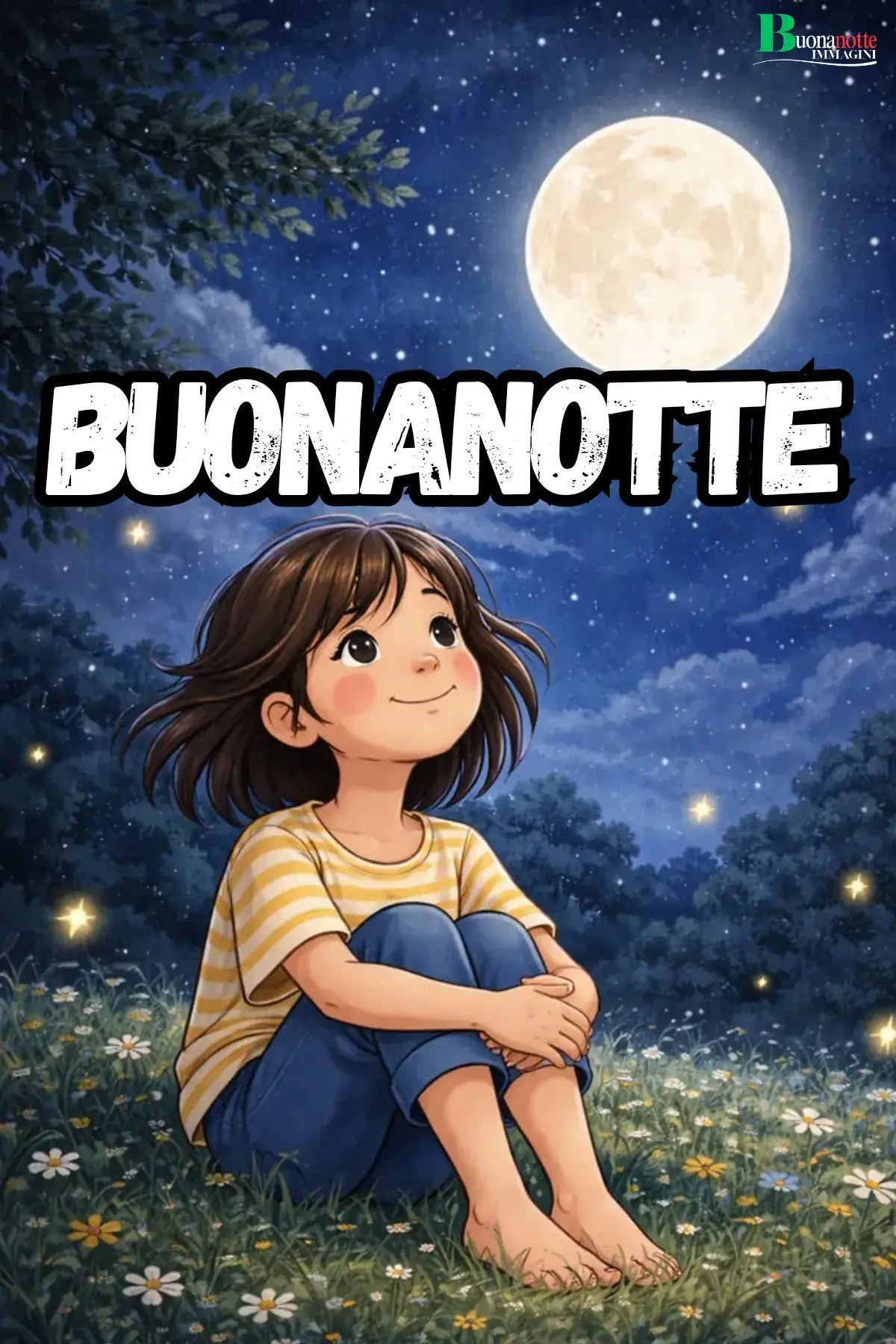Bambina sorridente seduta sul prato guarda luna piena buonanotte divertente