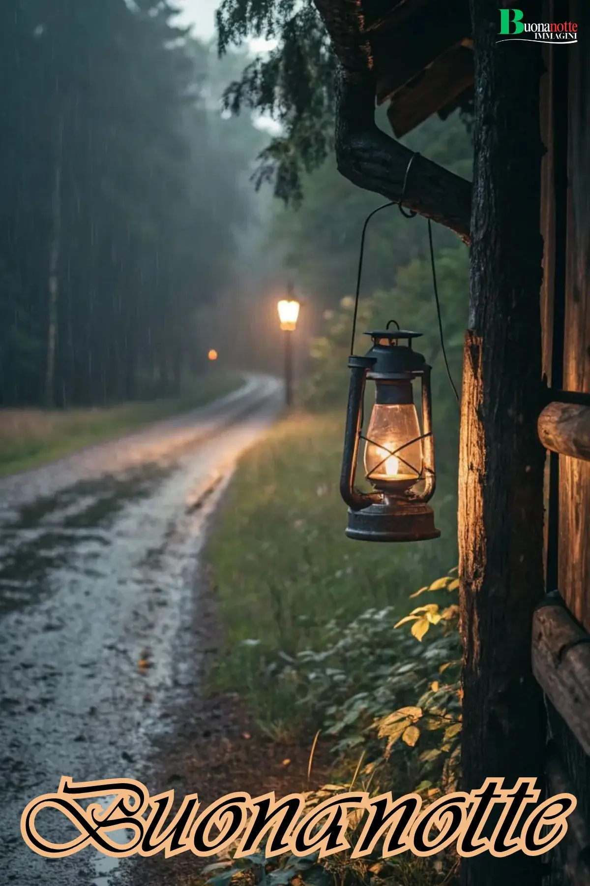 Lanterna accesa appesa a baita sotto la pioggia nel bosco immagine buonanotte