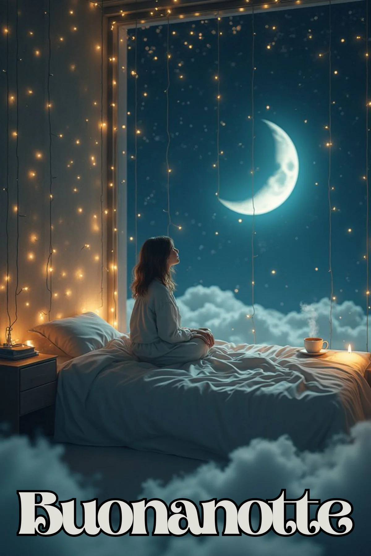 Ragazza sul letto contempla la luna tra lucine e nuvole buonanotte WhatsApp