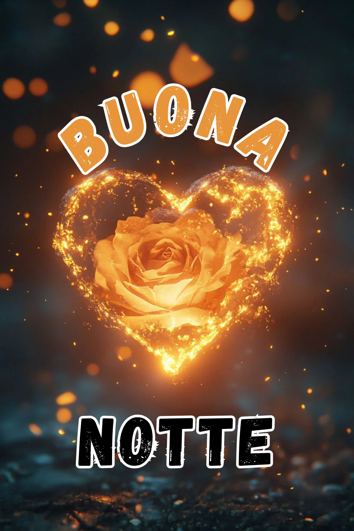 Cuore di fiamme dorate con rosa luminosa buonanotte speciale