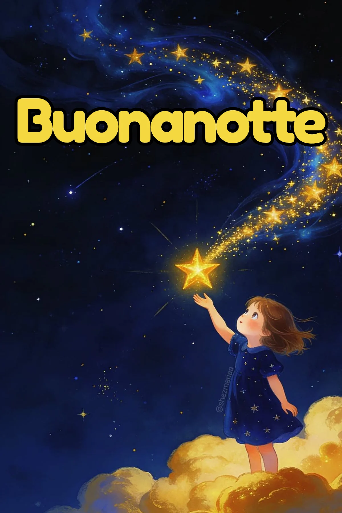 Bambina su nuvola dorata afferra stella nel cielo notturno immagine buonanotte nuova