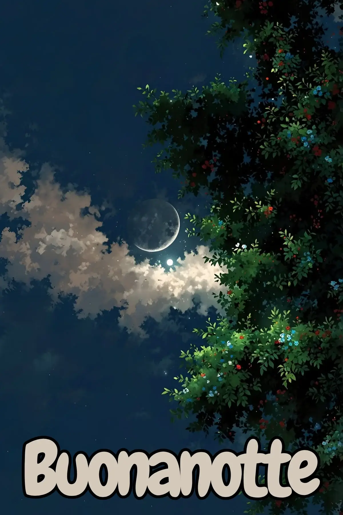 Luna tra nuvole e fiori per buonanotte estiva