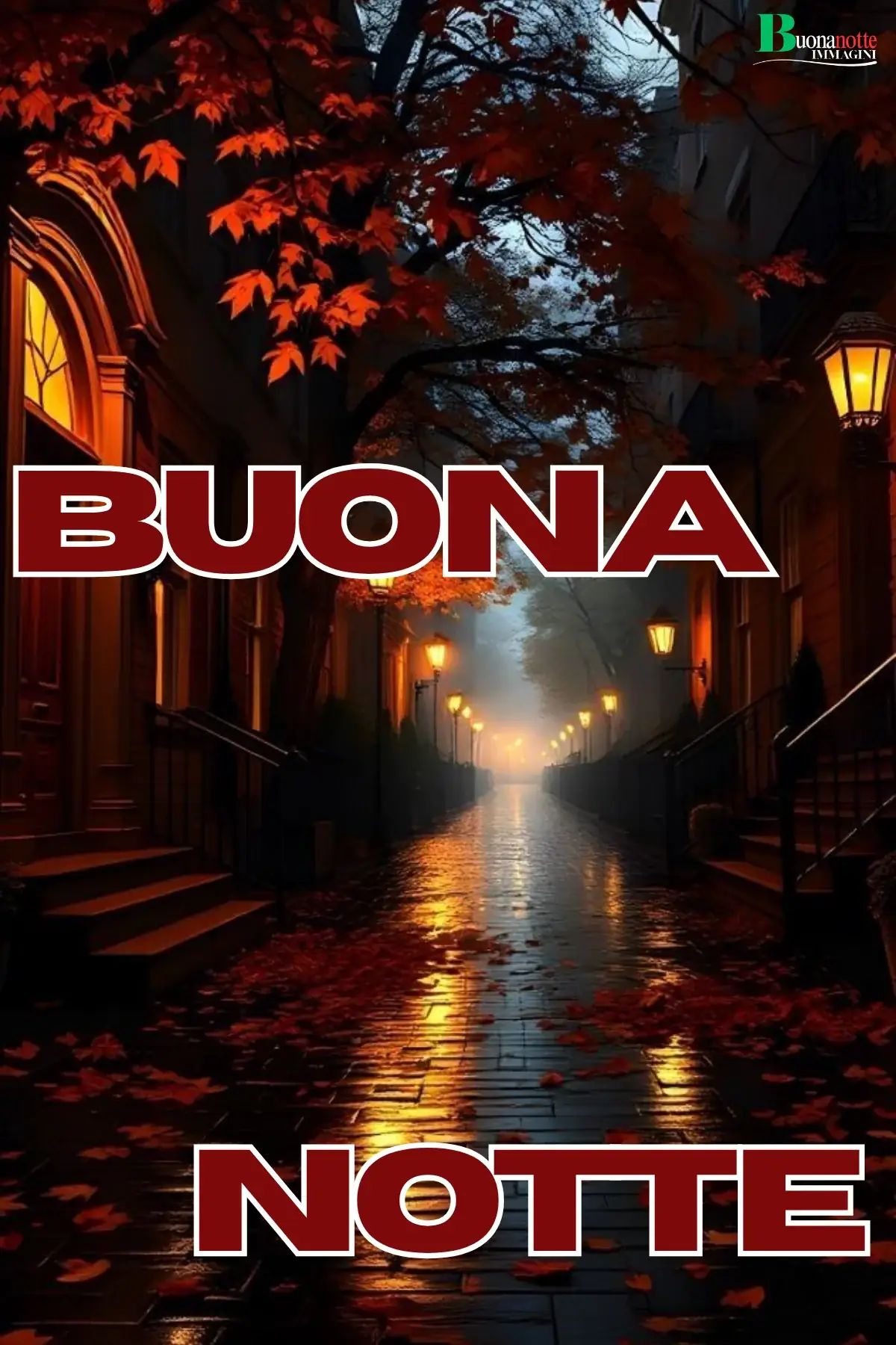 Vicolo autunnale notturno con lampioni accesi e foglie rosse buonanotte autunnale