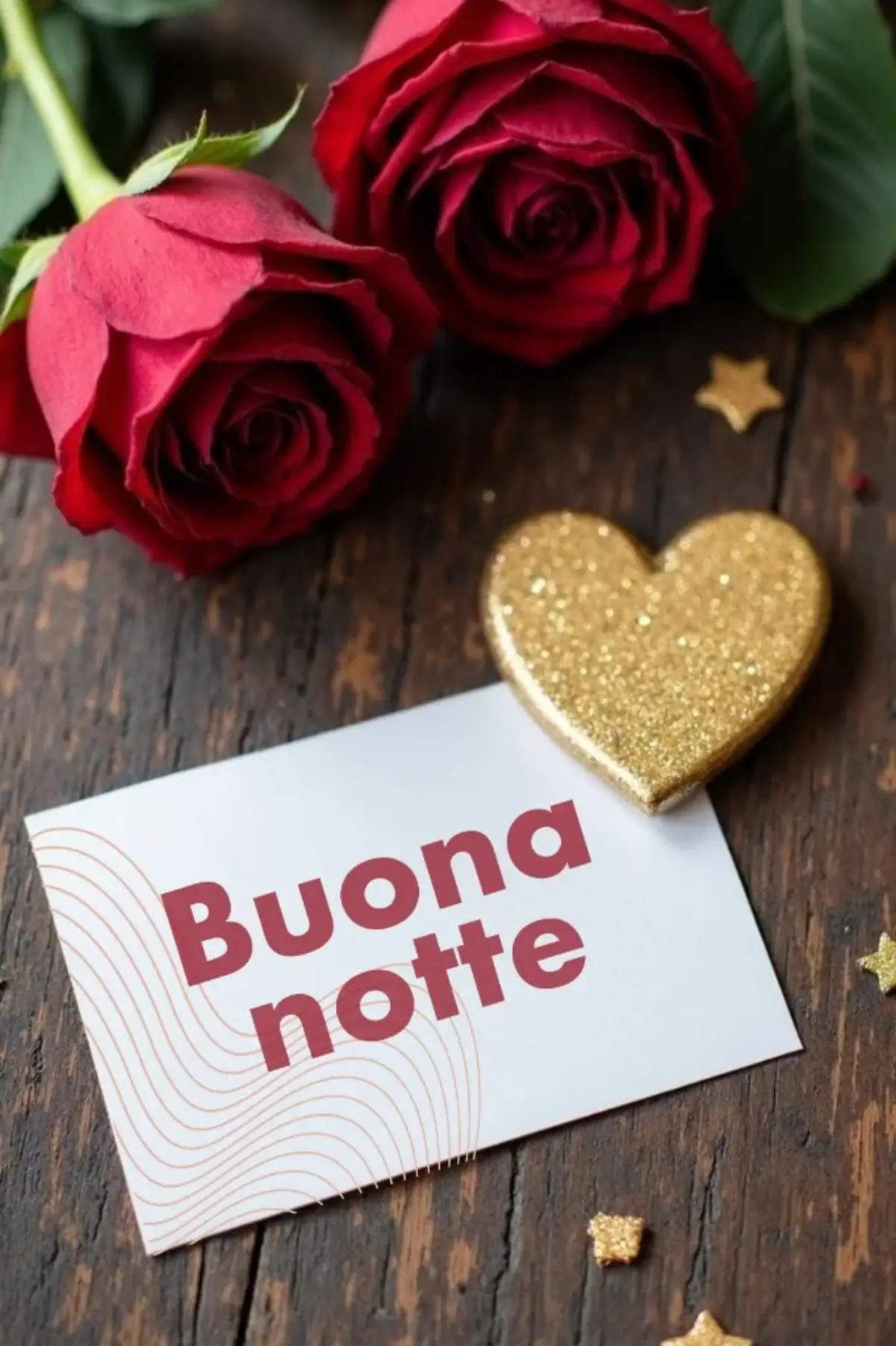 Rose rosse e cuore dorato su legno con biglietto buonanotte romantica