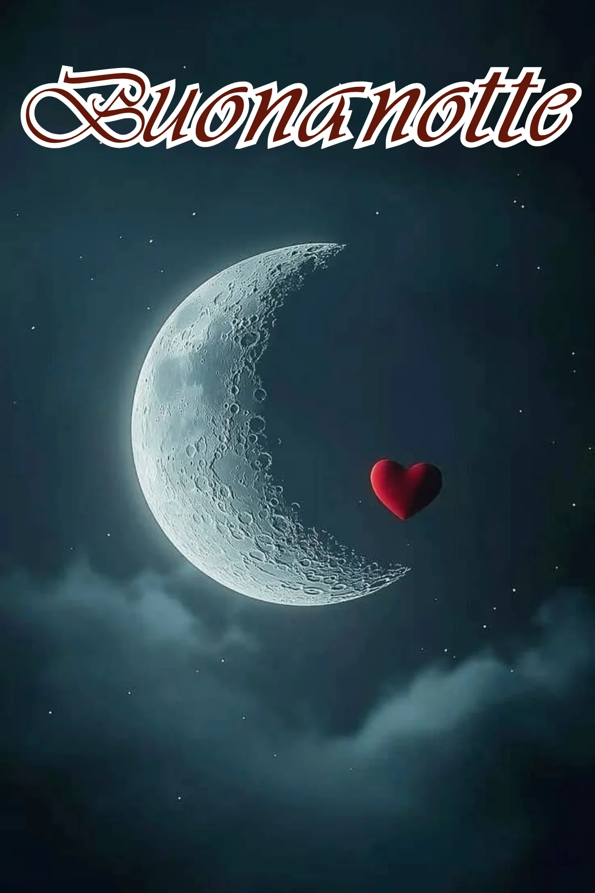 Luna crescente con cuore rosso nel cielo stellato buonanotte speciale