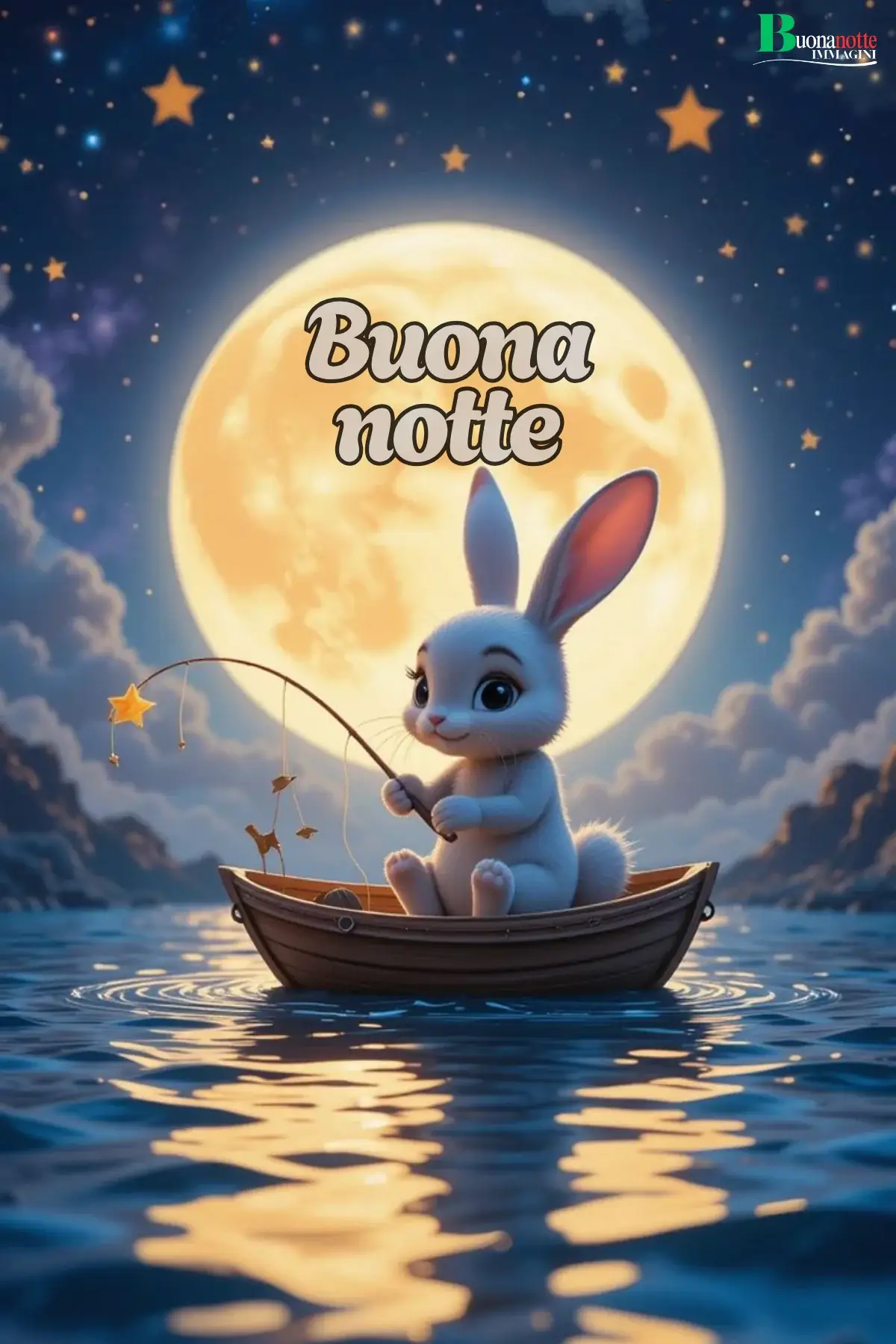 Coniglietto in barchetta pesca stelle sotto luna piena buonanotte divertente