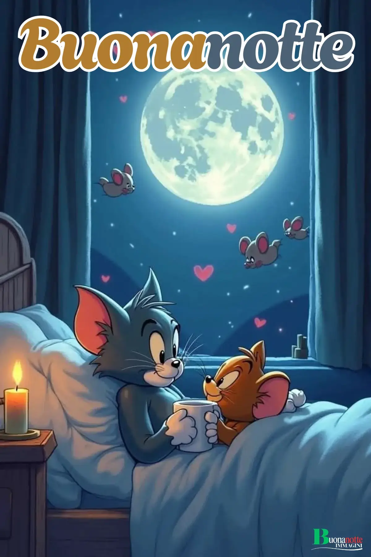 Gatto e topolino a letto insieme sotto la luna buonanotte divertente
