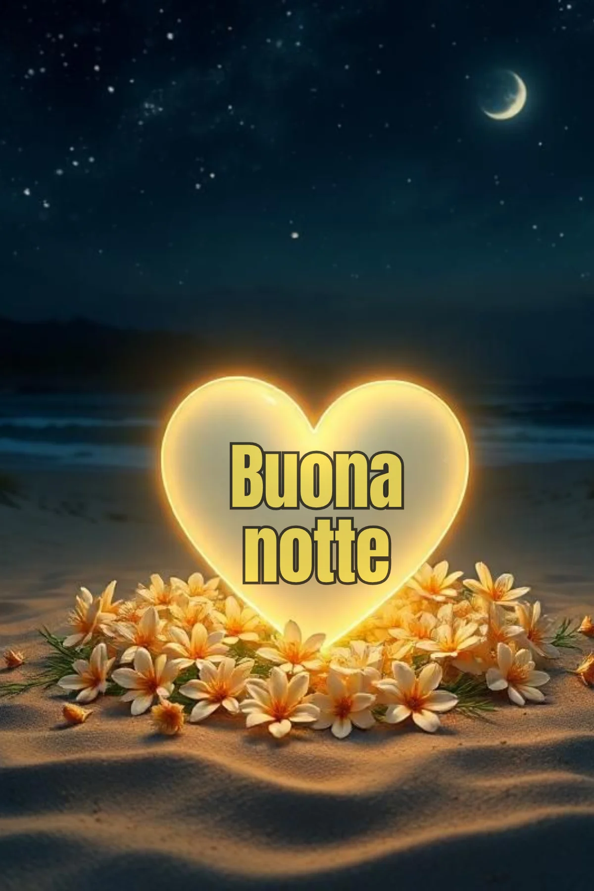 Cuore luminoso dorato con fiori sulla spiaggia notturna buonanotte originale