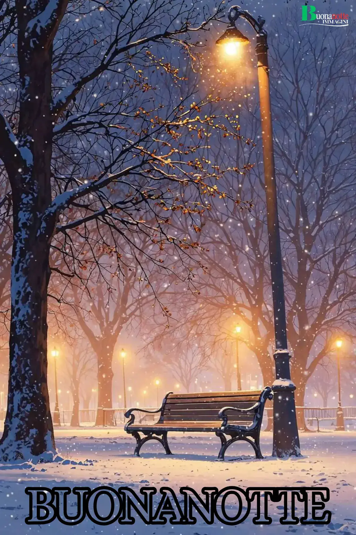 Neve nel parco con lampioni buonanotte invernale
