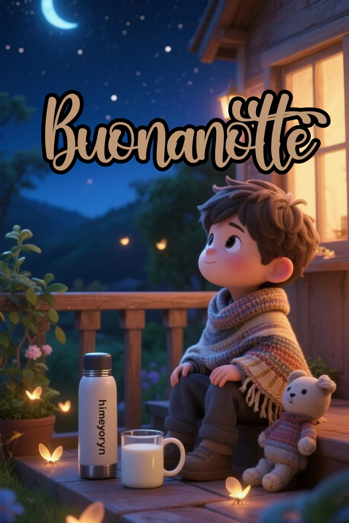 Bimbo con coperta e orsetto guarda la luna buonanotte immagini nuove