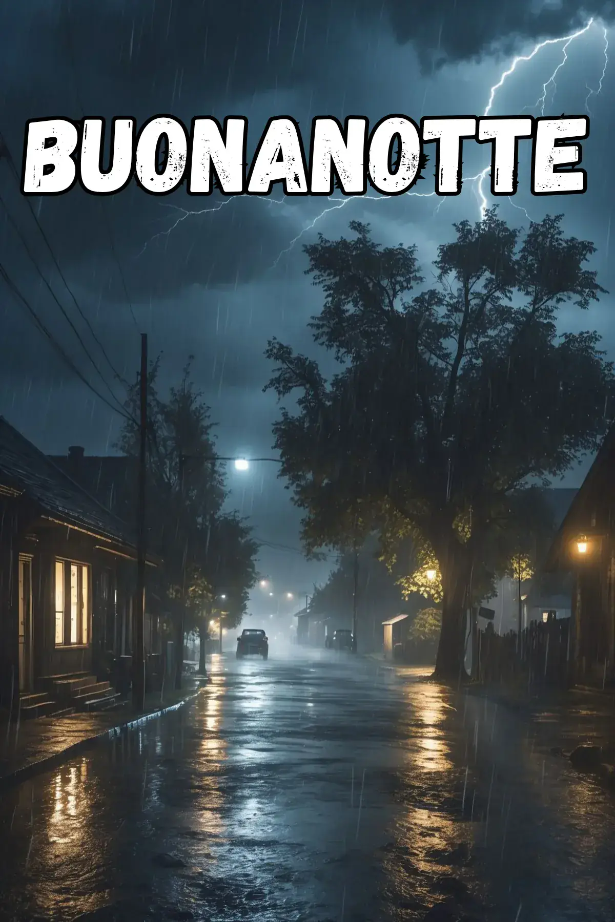 Strada di paese sotto il temporale notturno con fulmini buonanotte speciale