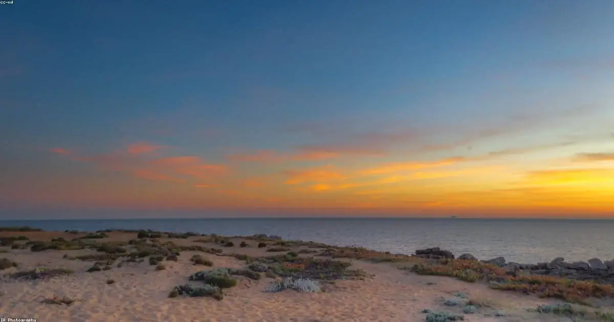 Tramonto sul mare con dune sabbiose e cielo arancione immagine buonanotte