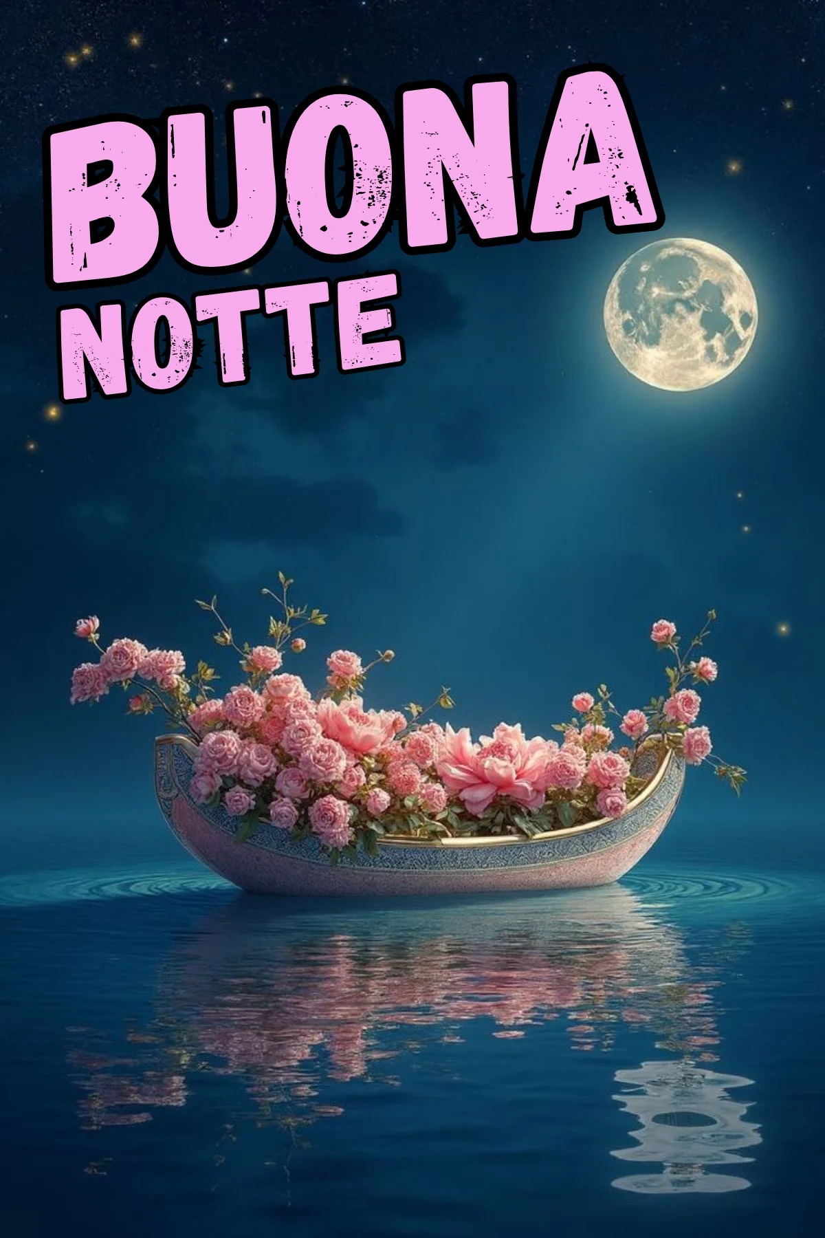 Barchetta di rose rosa sul mare sotto luna piena buonanotte originale