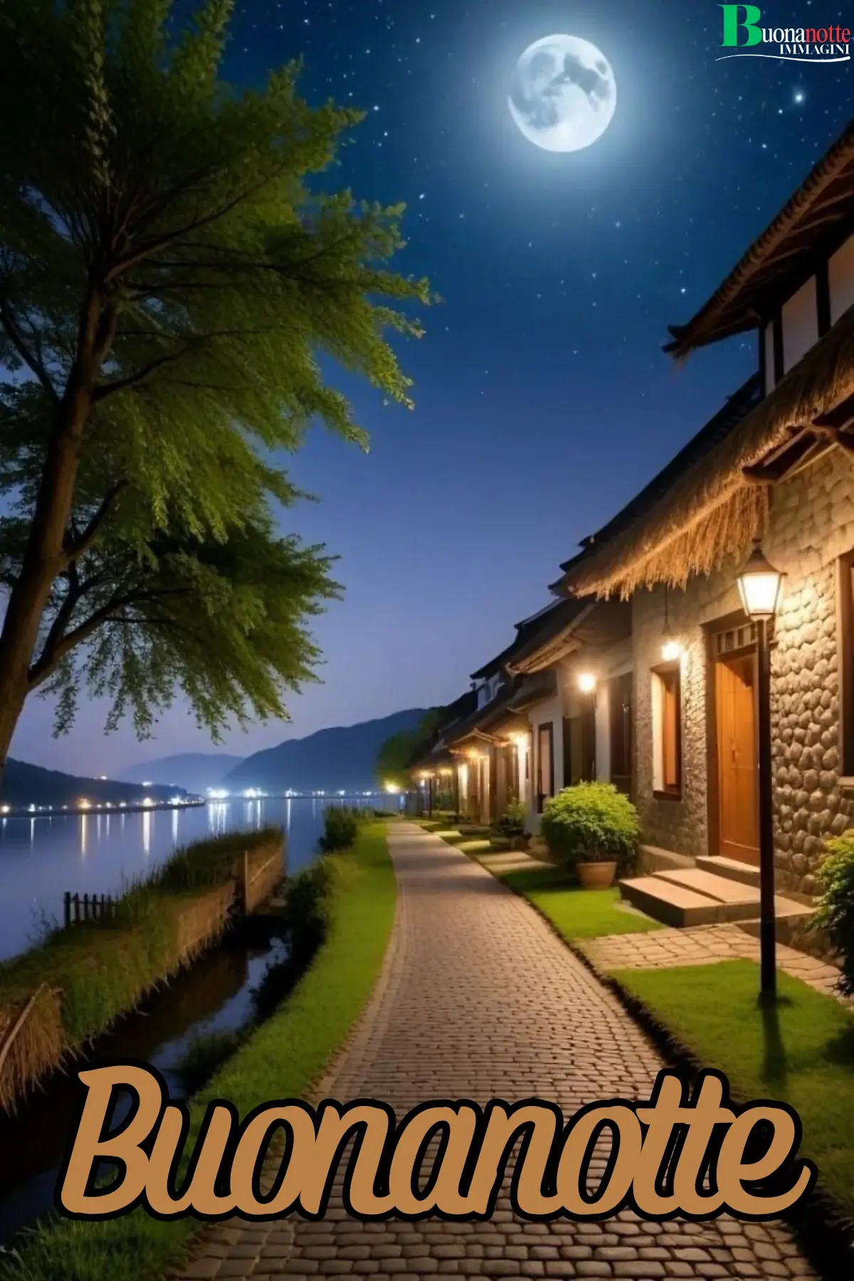 Villaggio in pietra sul lago con luna piena e lanterne buonanotte estiva