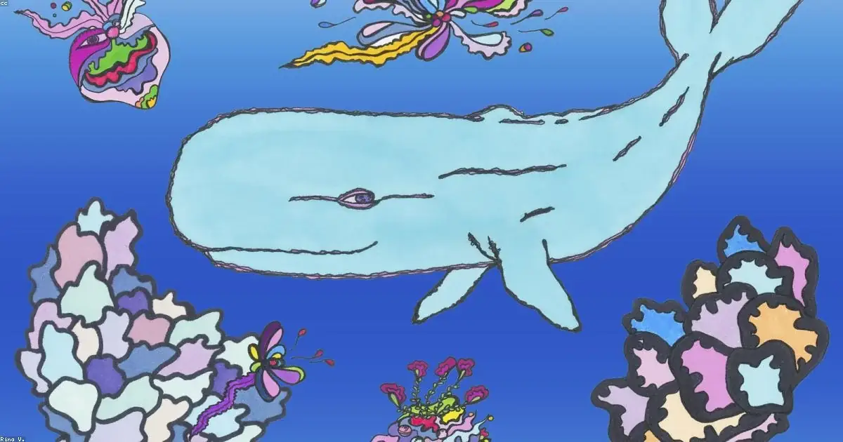 Balena azzurra tra coralli colorati e farfalle in oceano blu buonanotte gif