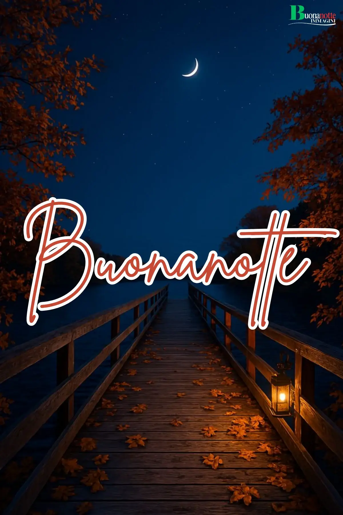 Ponte di legno notturno con foglie autunnali lanterna e luna buonanotte autunnale