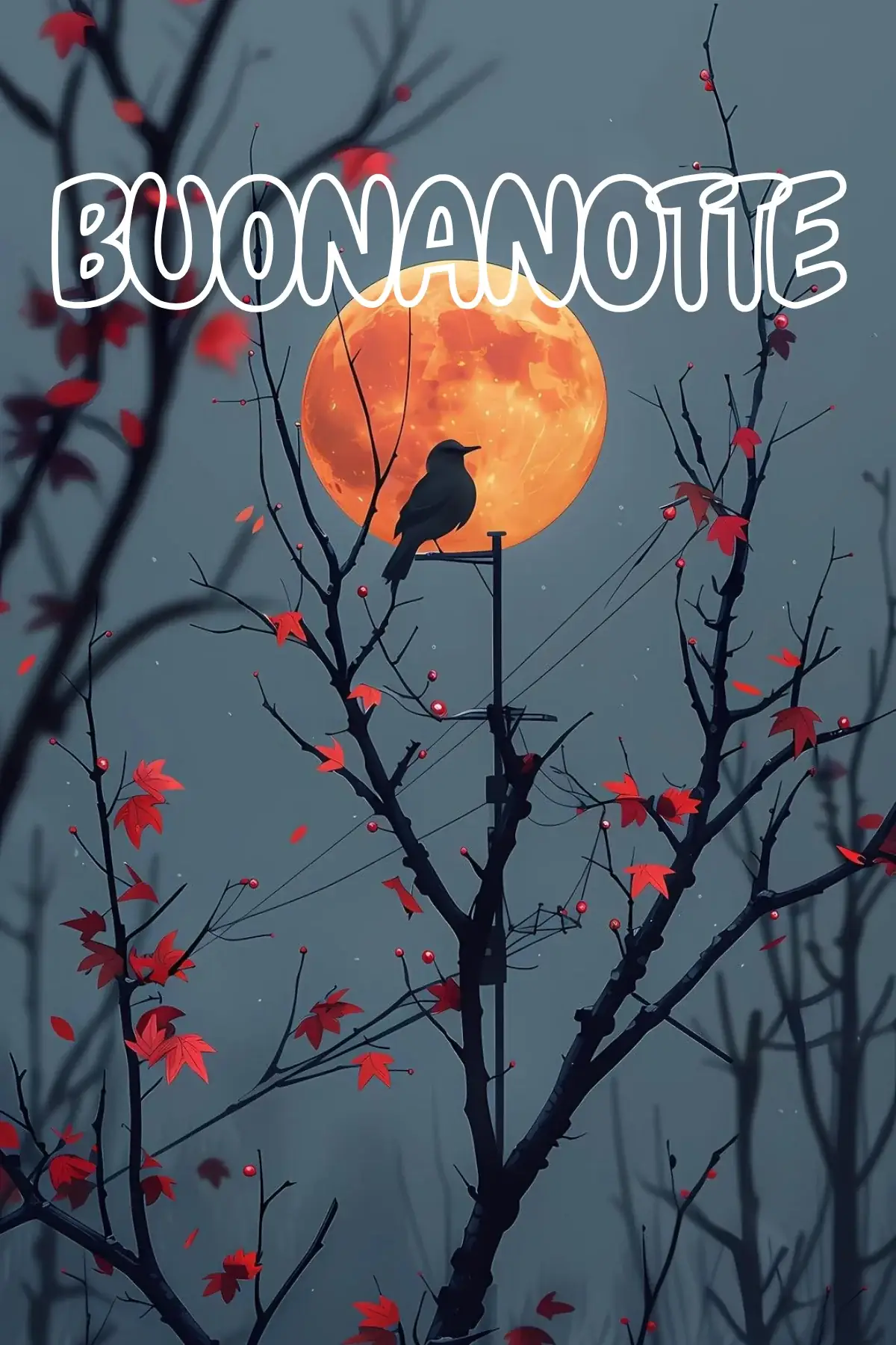 Uccellino sul ramo luna arancione buonanotte autunnale