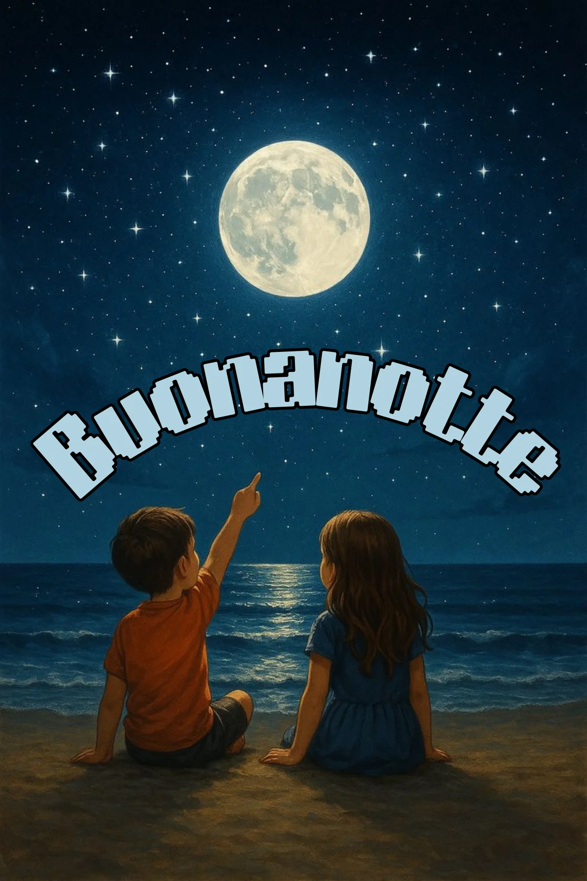 Due bambini sulla spiaggia guardano luna piena mare stellato buonanotte immagini nuove