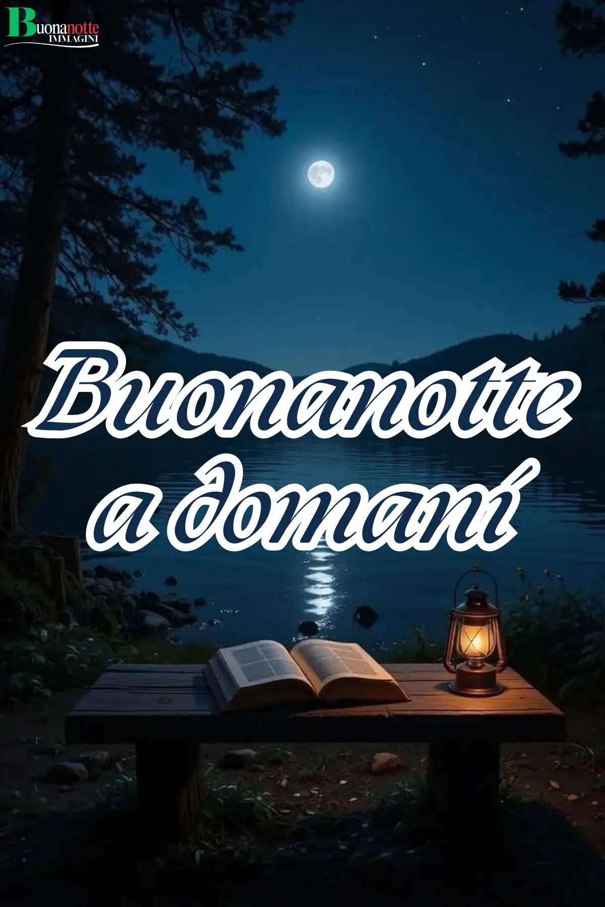 Libri aperti con lanterna accesa davanti lago notturno con luna buonanotte a domani