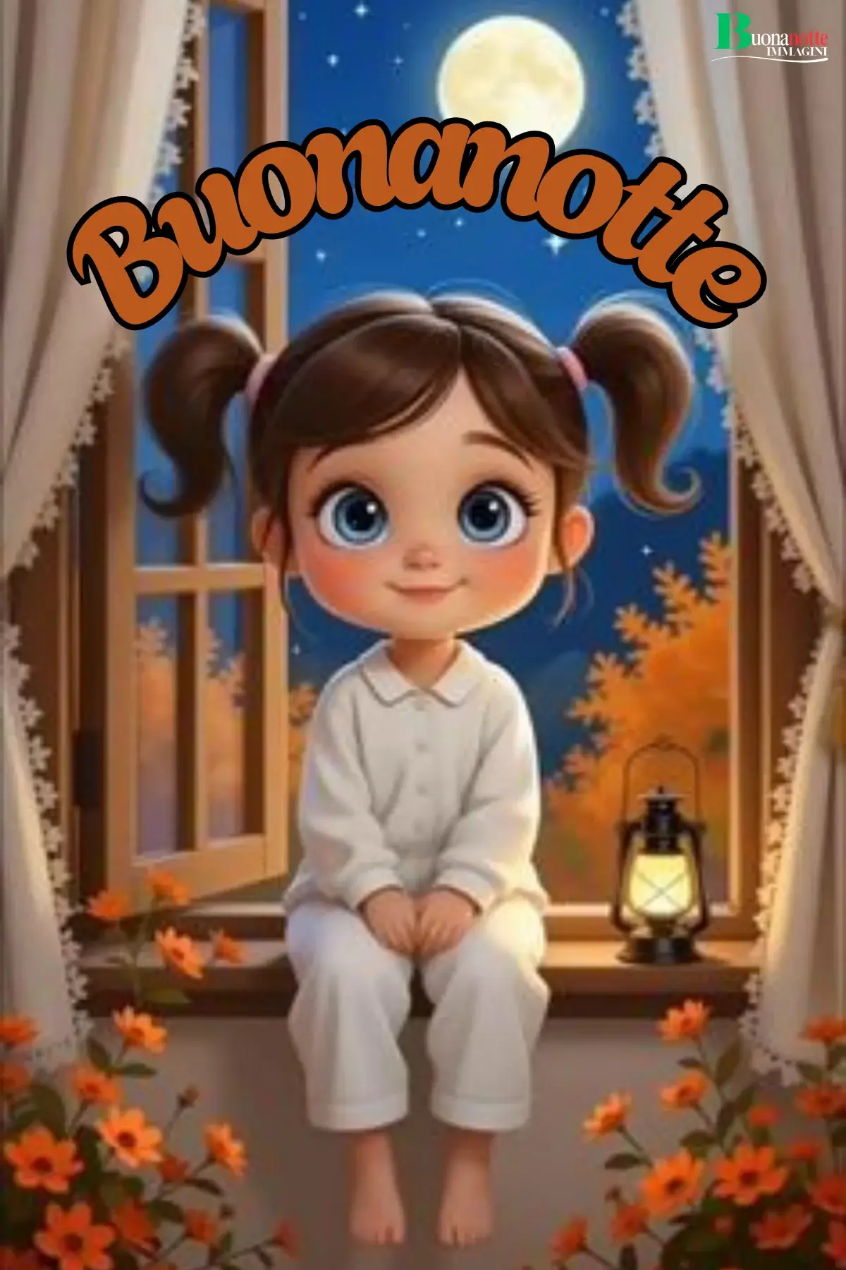 Bambina con codini seduta sul davanzale con luna piena buonanotte divertente autunnale