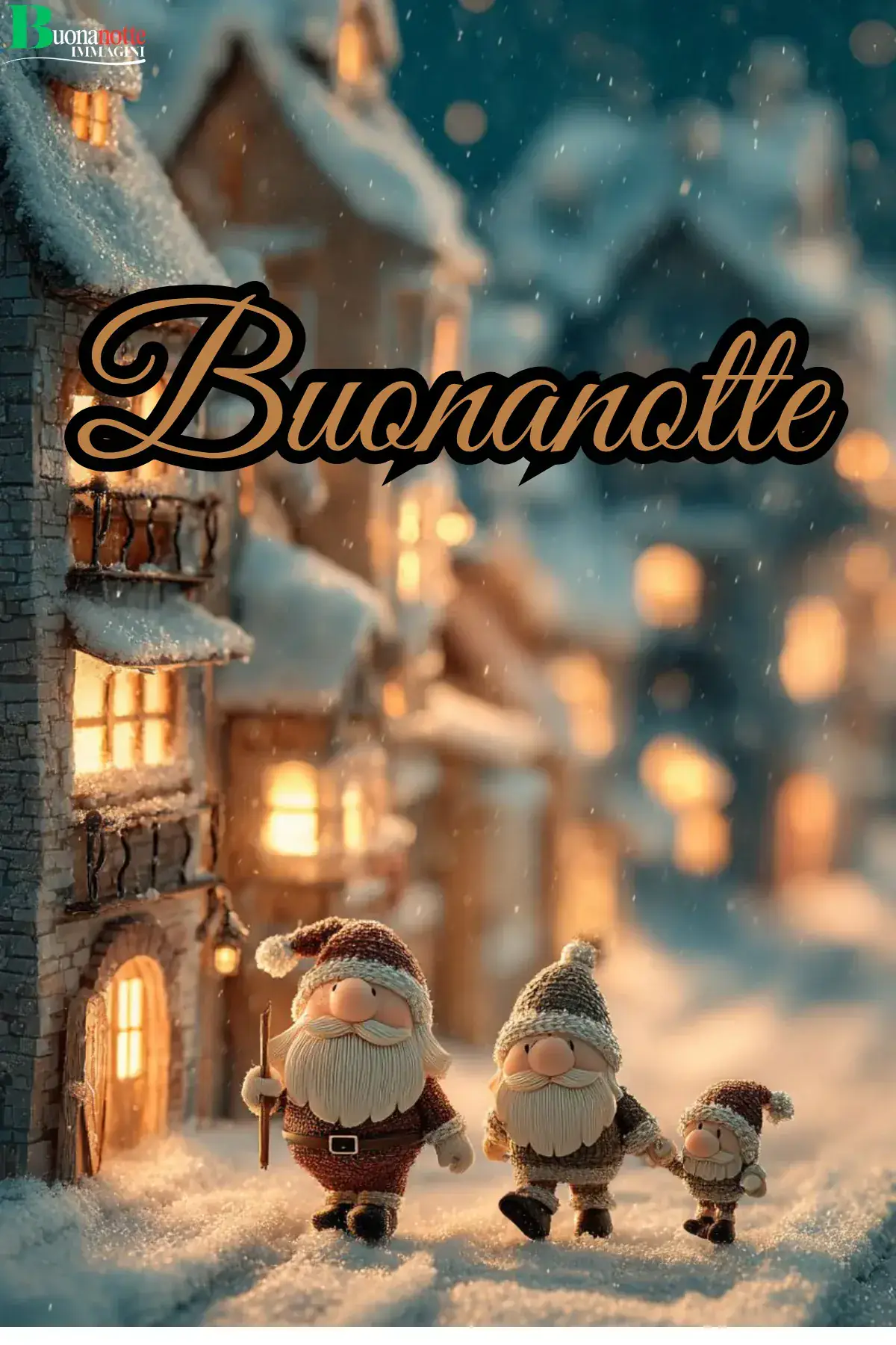 Tre gnomi innevati nel villaggio natalizio illuminato buonanotte natalizia